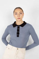 Blue contrast black collar knit top