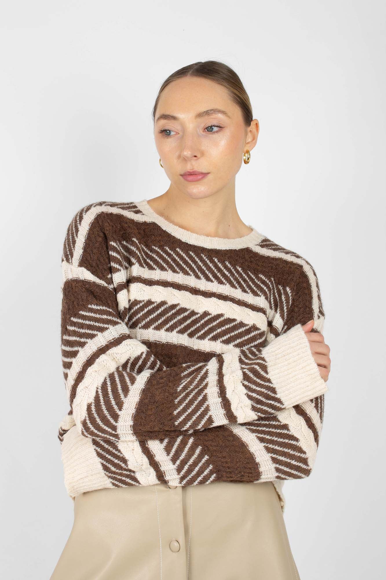 Brown multi patterned wool blend jumper