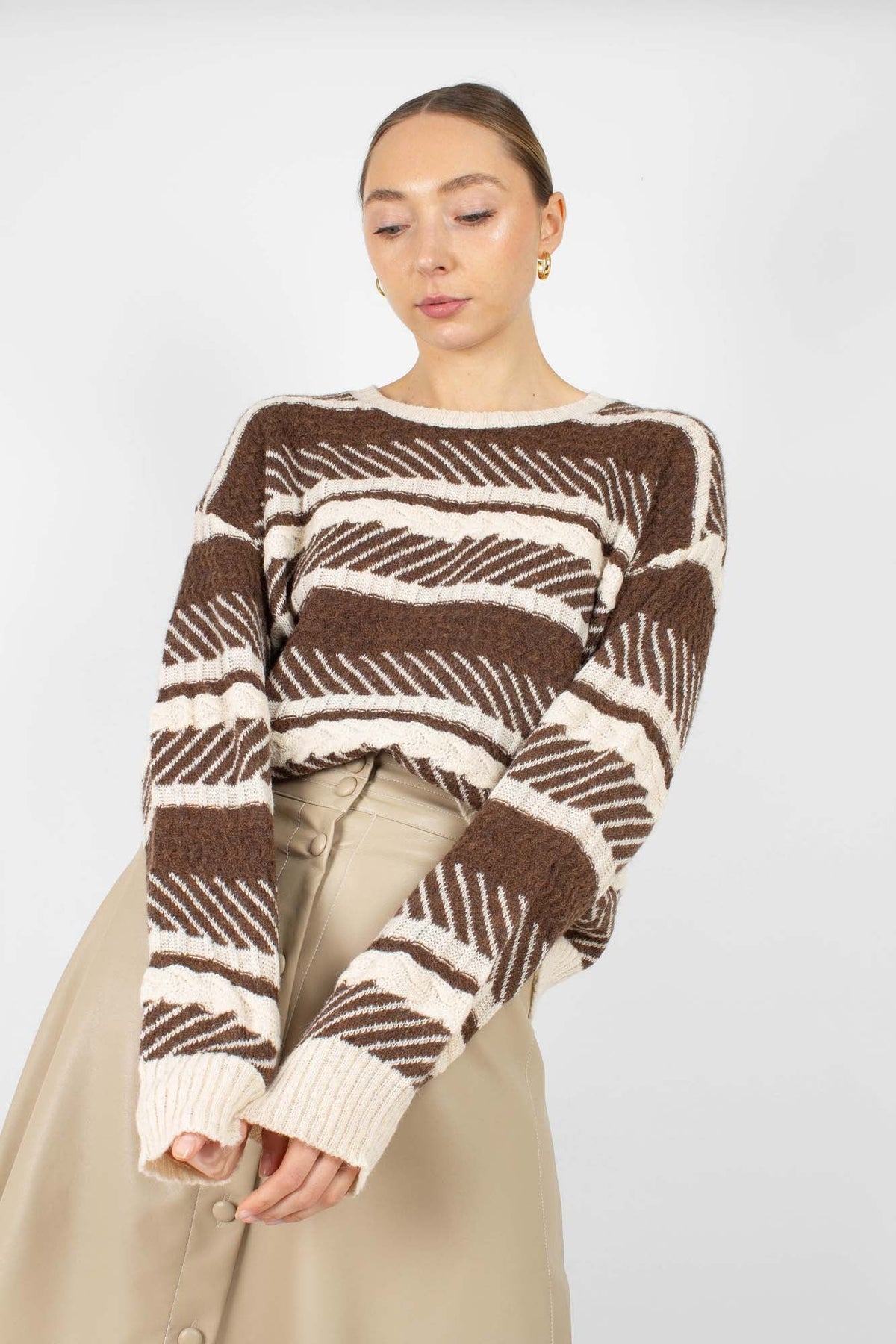Brown multi patterned wool blend jumper