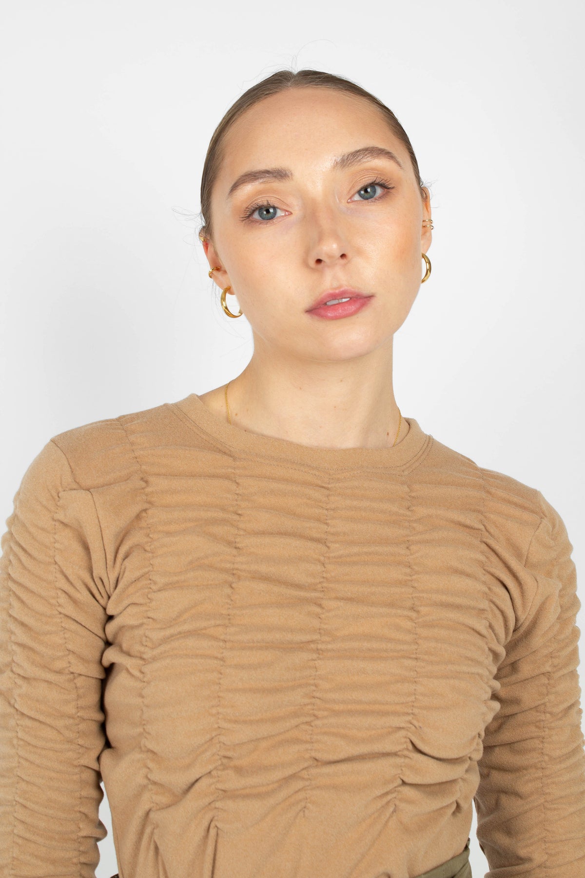 Beige half shirring long sleeved top