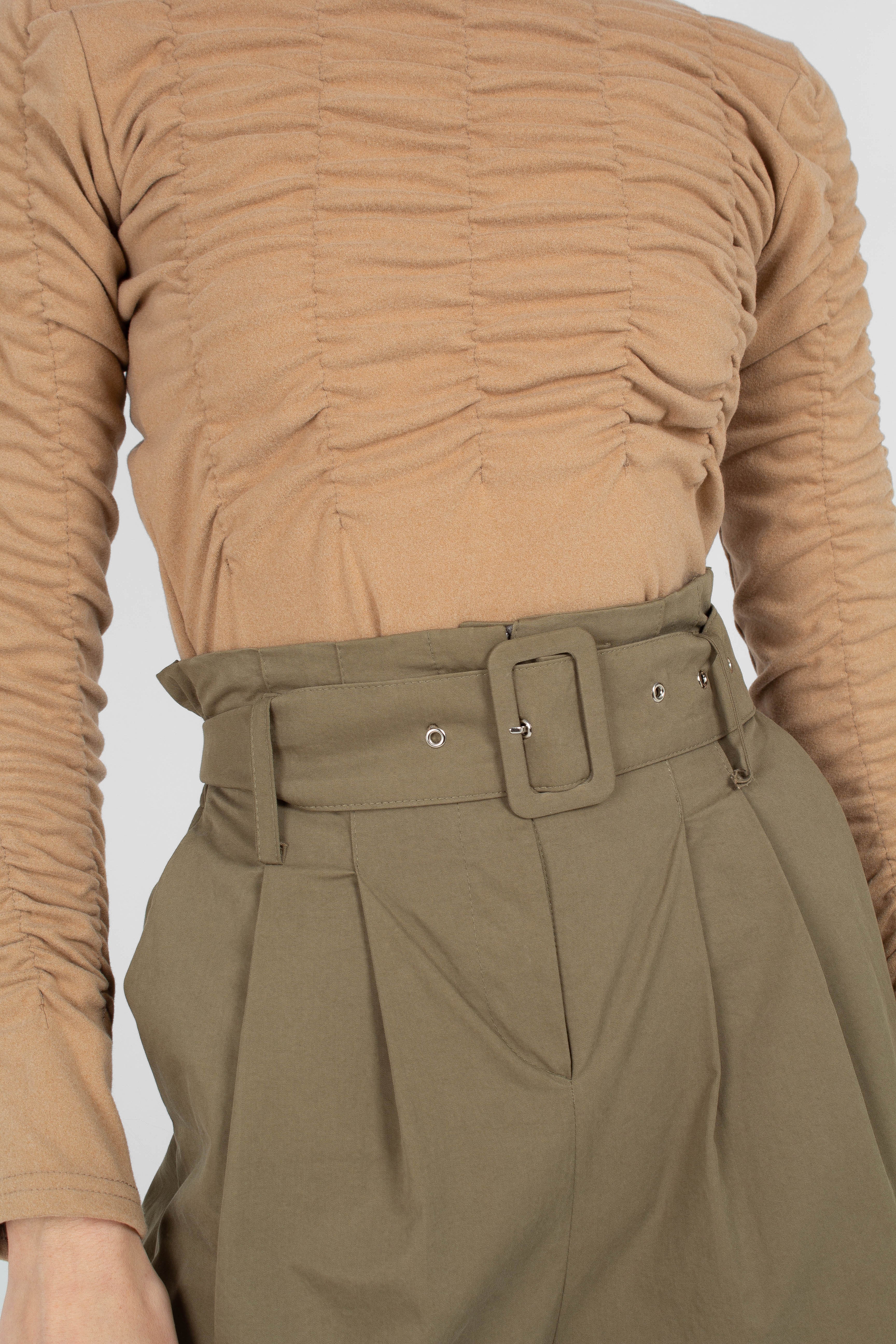Beige half shirring long sleeved top