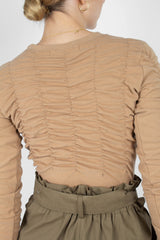 Beige half shirring long sleeved top