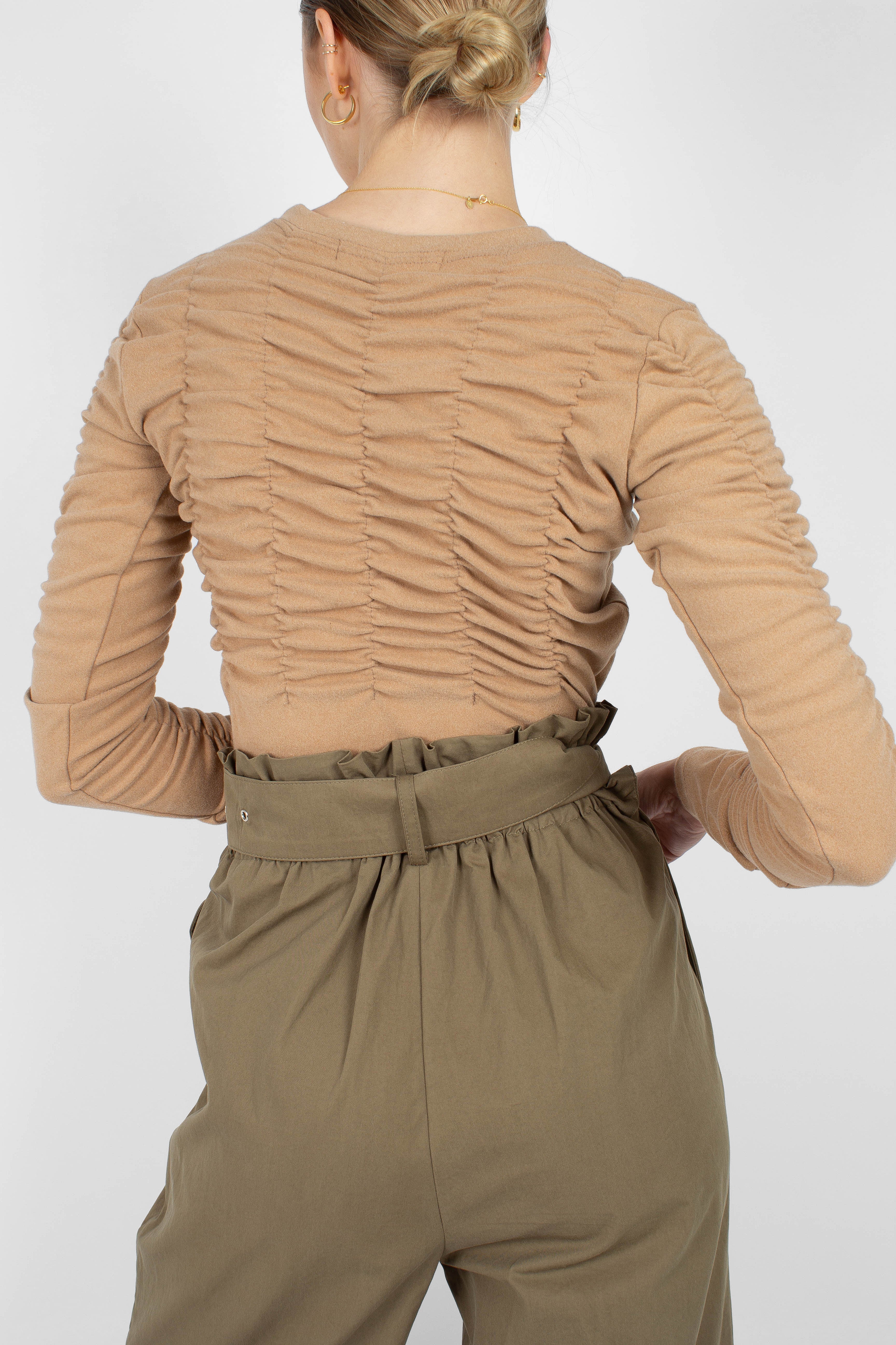 Beige half shirring long sleeved top