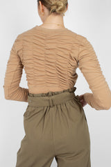 Beige half shirring long sleeved top