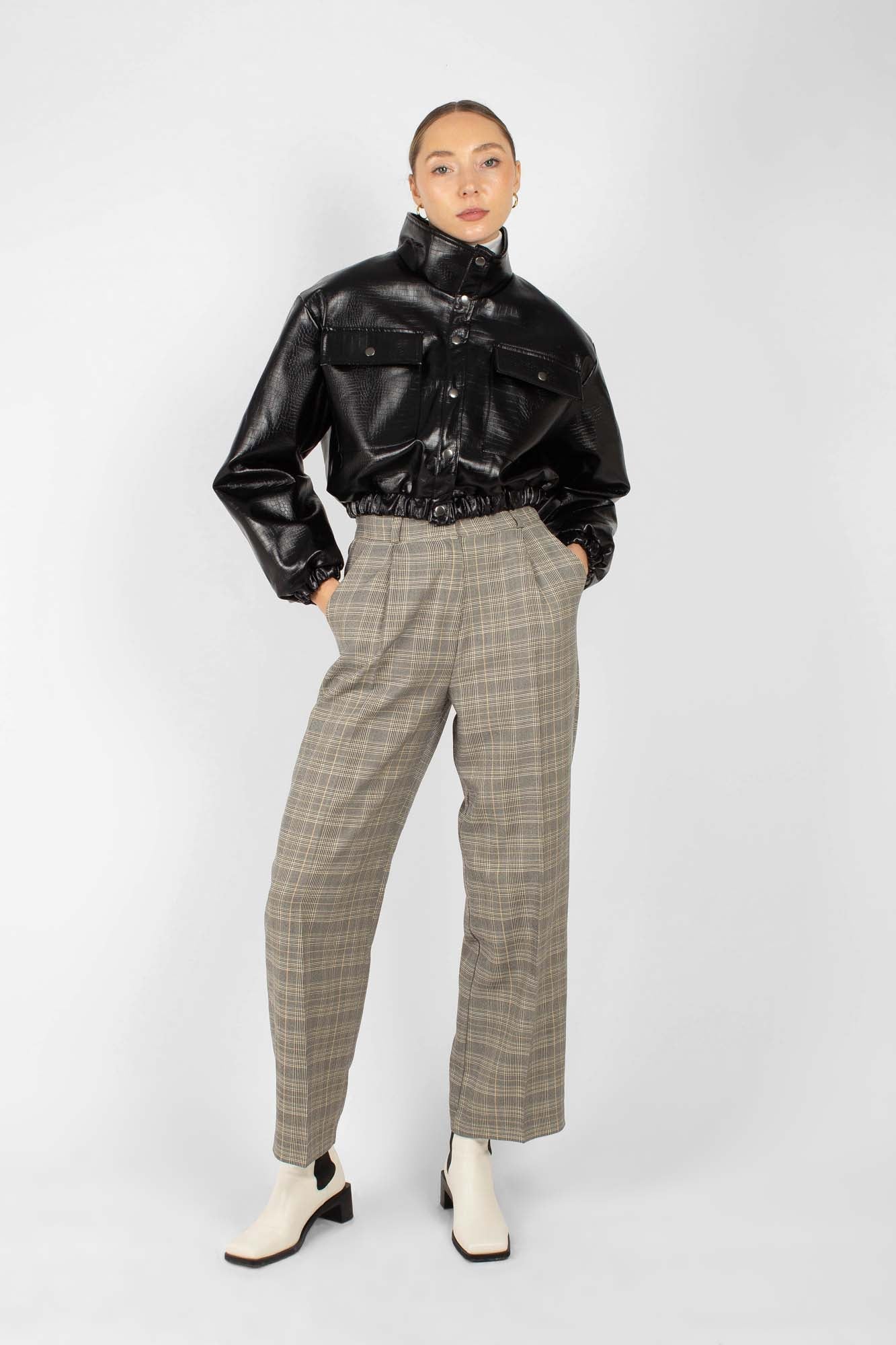 Grey checked high waisted loose fit trousers