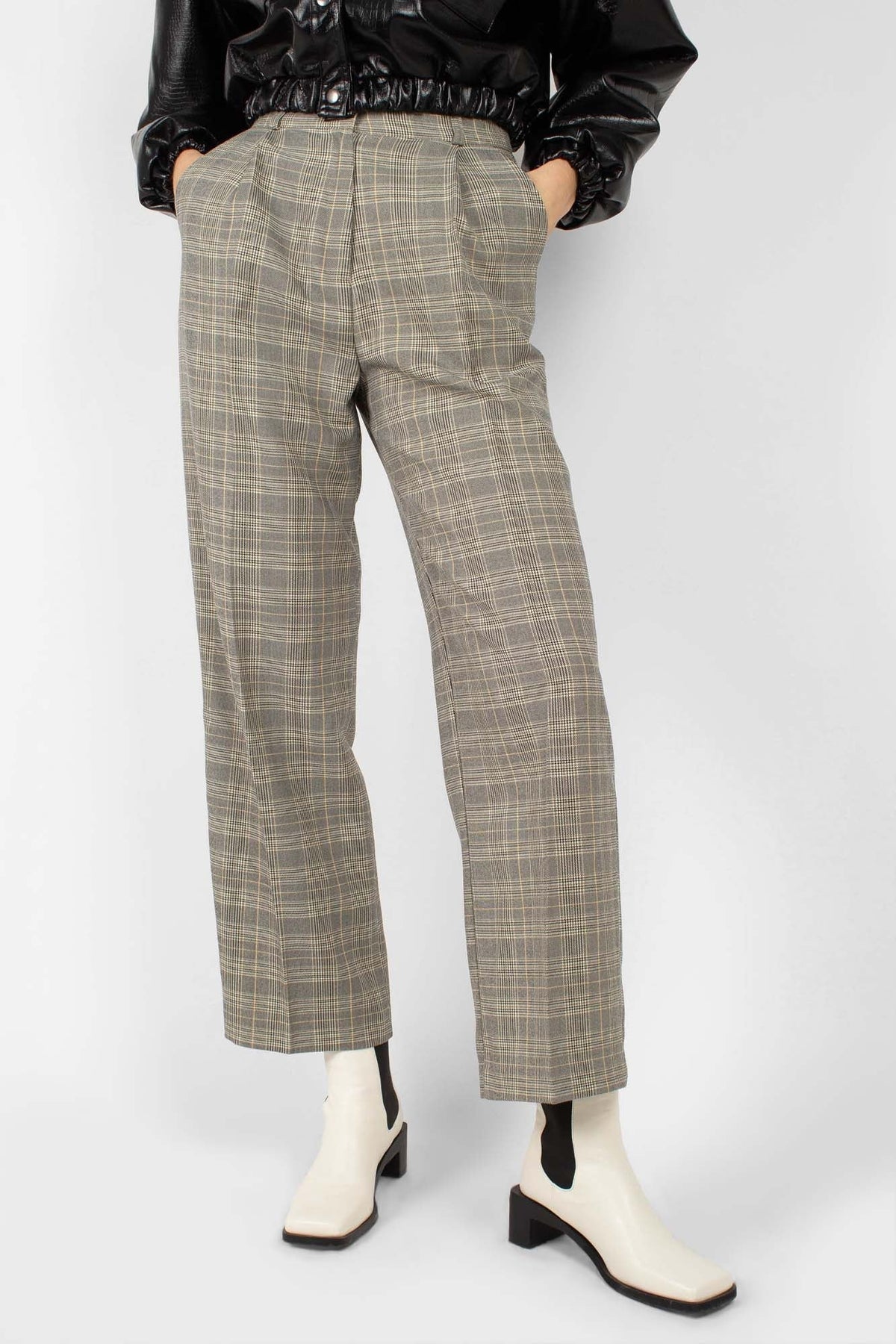 Grey checked high waisted loose fit trousers