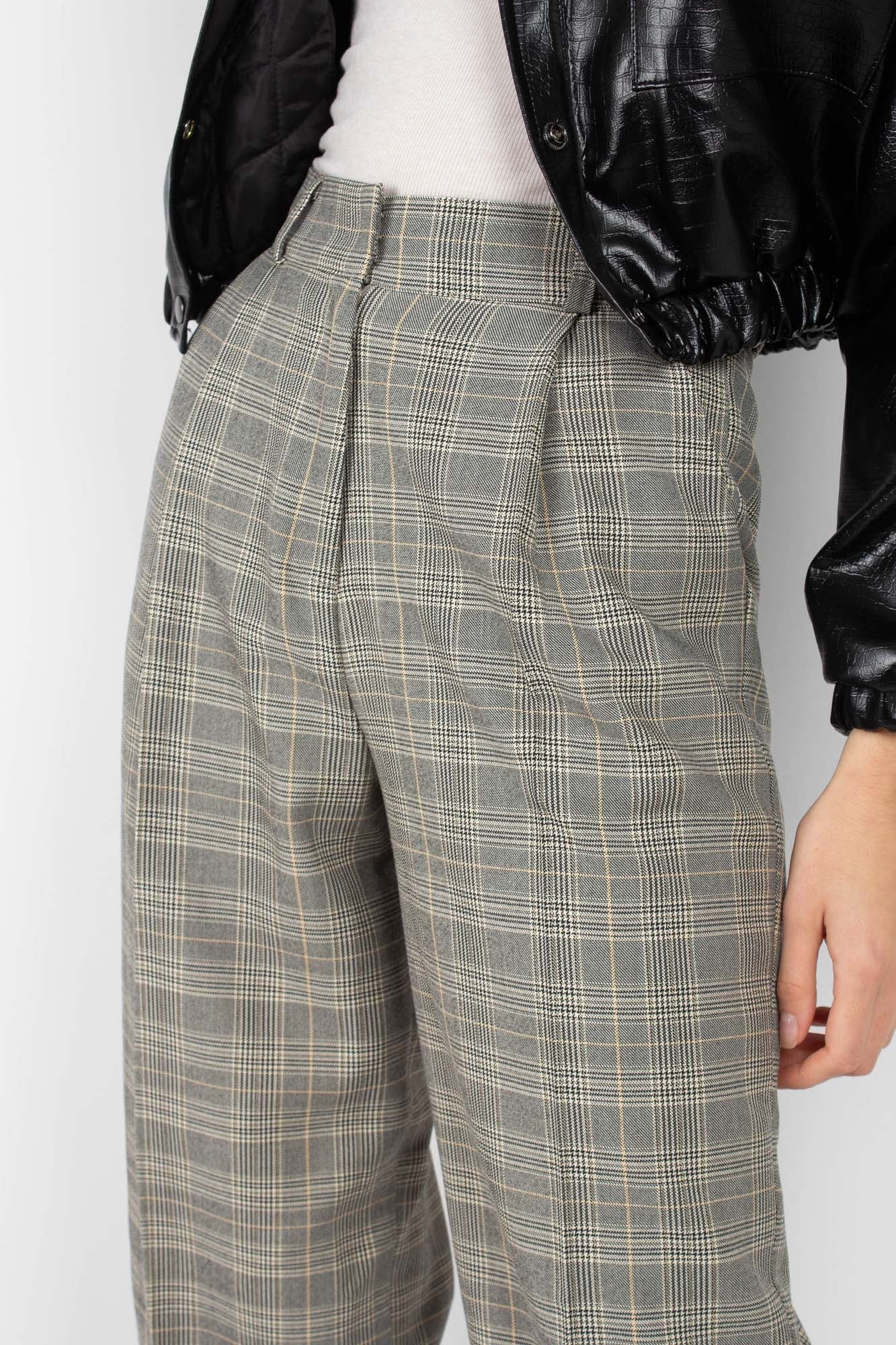 Grey checked high waisted loose fit trousers