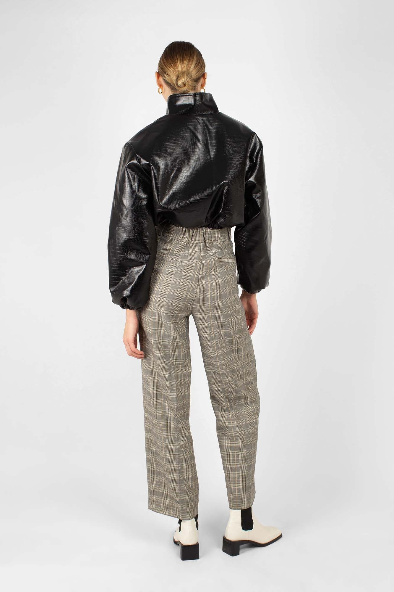 Grey checked high waisted loose fit trousers
