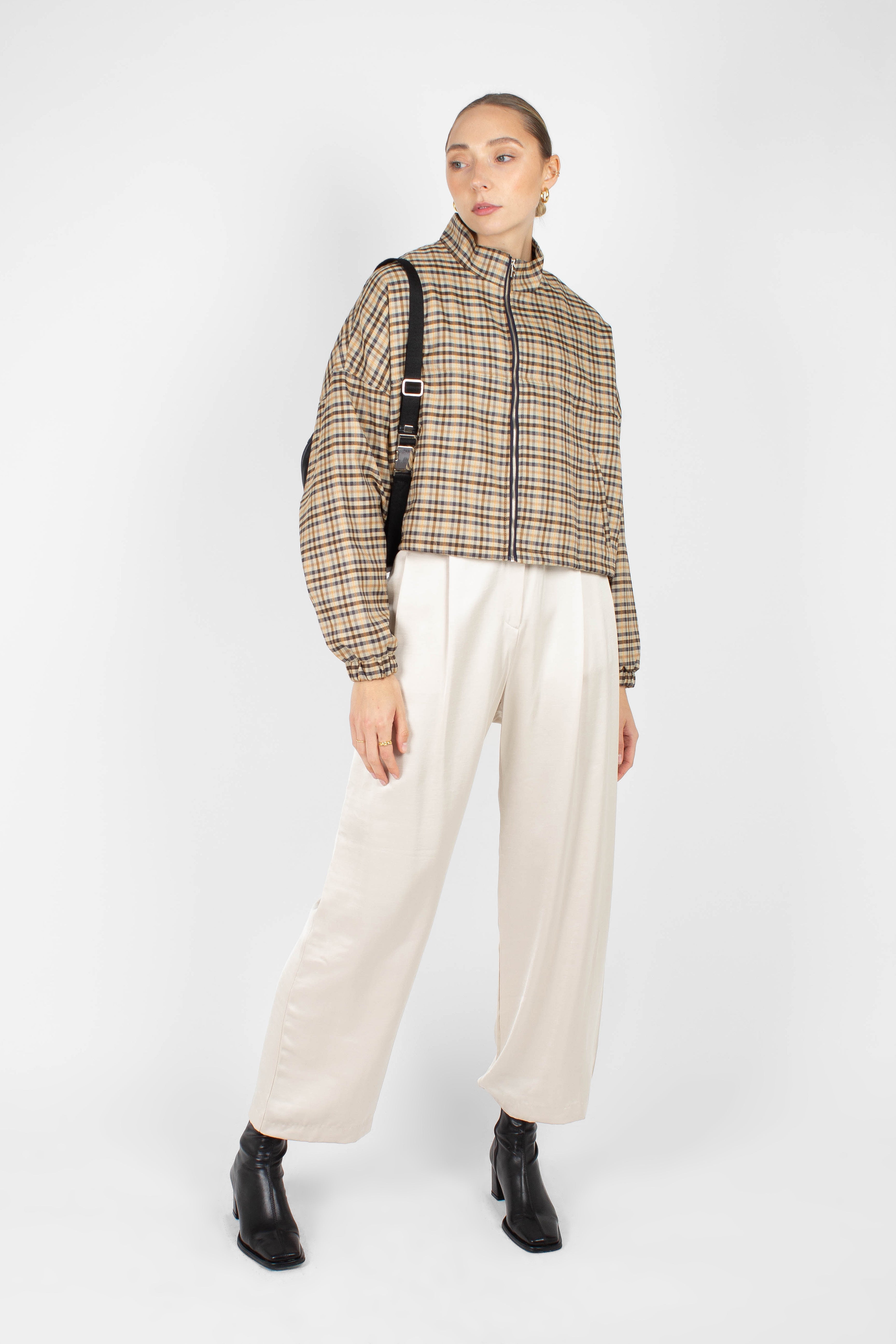 Beige checked zip up blouson jacket