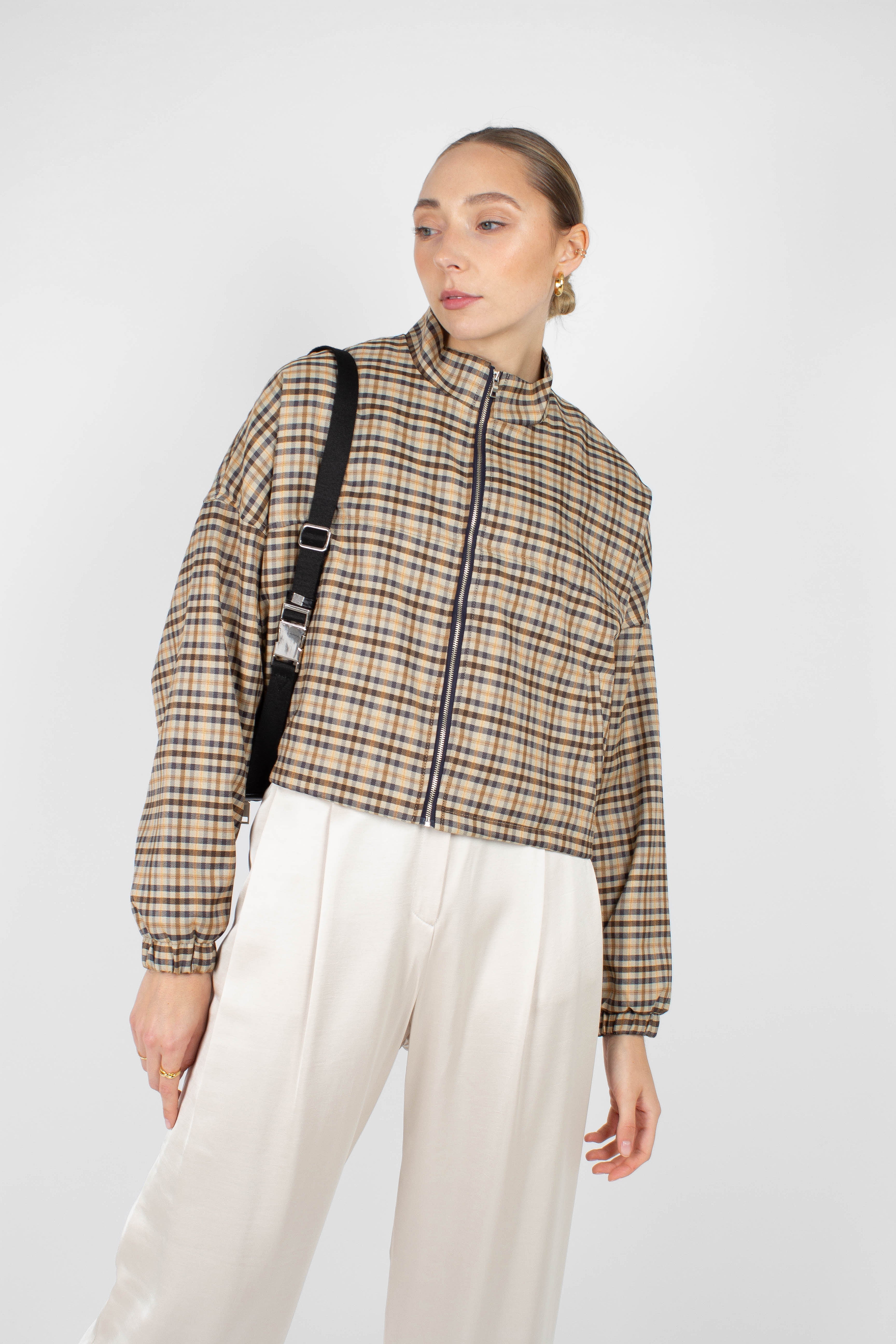 Beige checked zip up blouson jacket