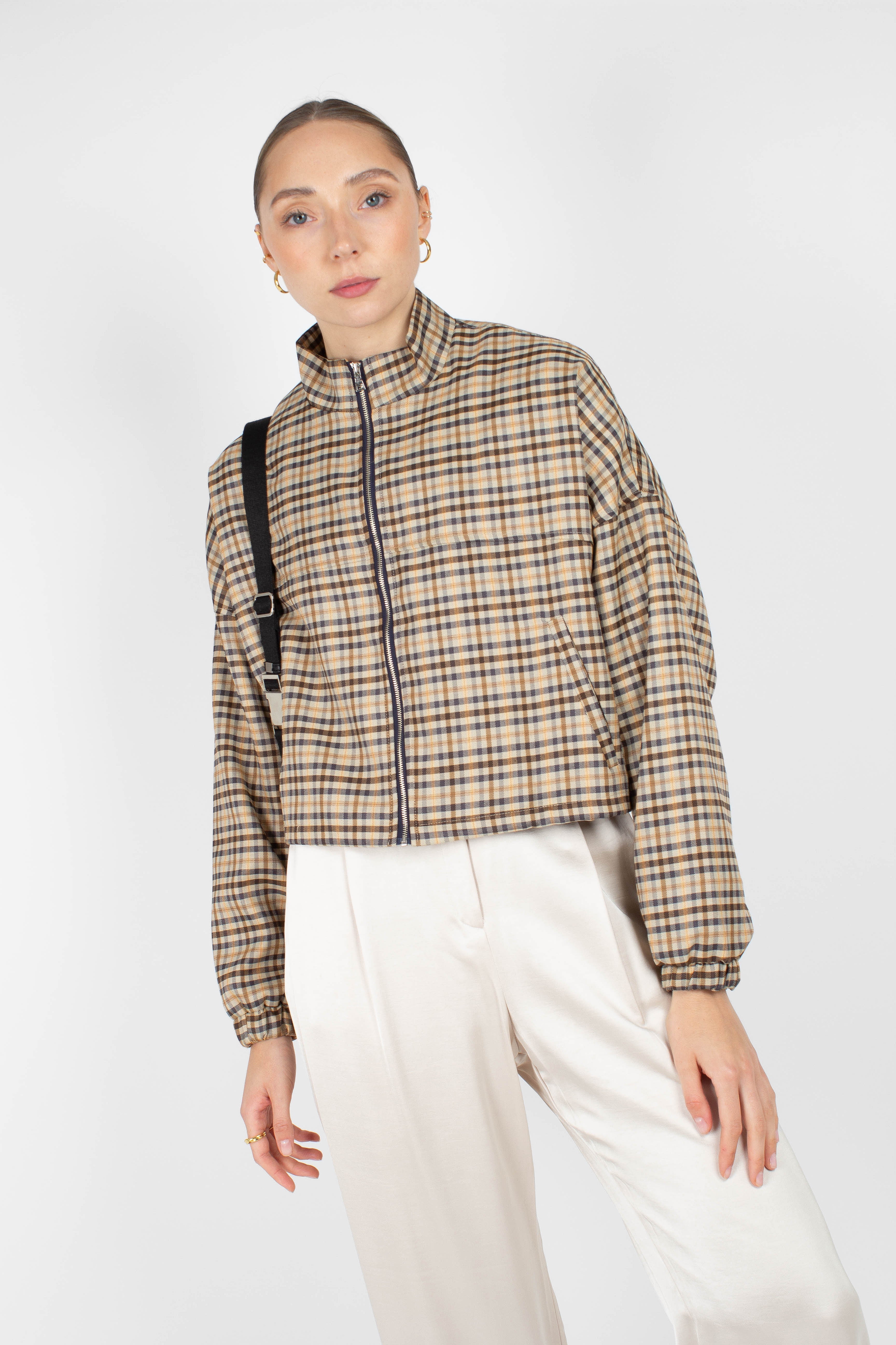 Beige checked zip up blouson jacket