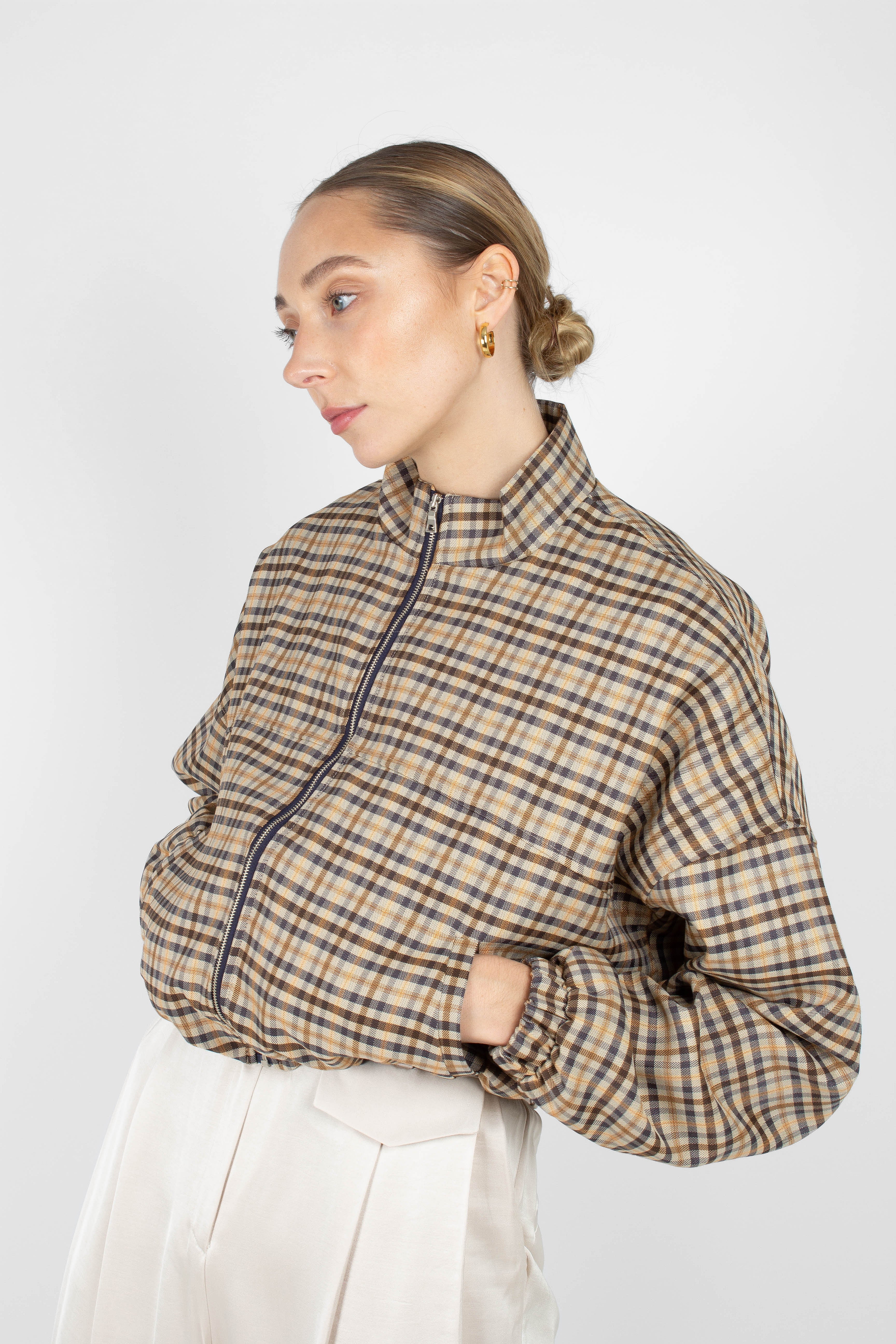 Beige checked zip up blouson jacket