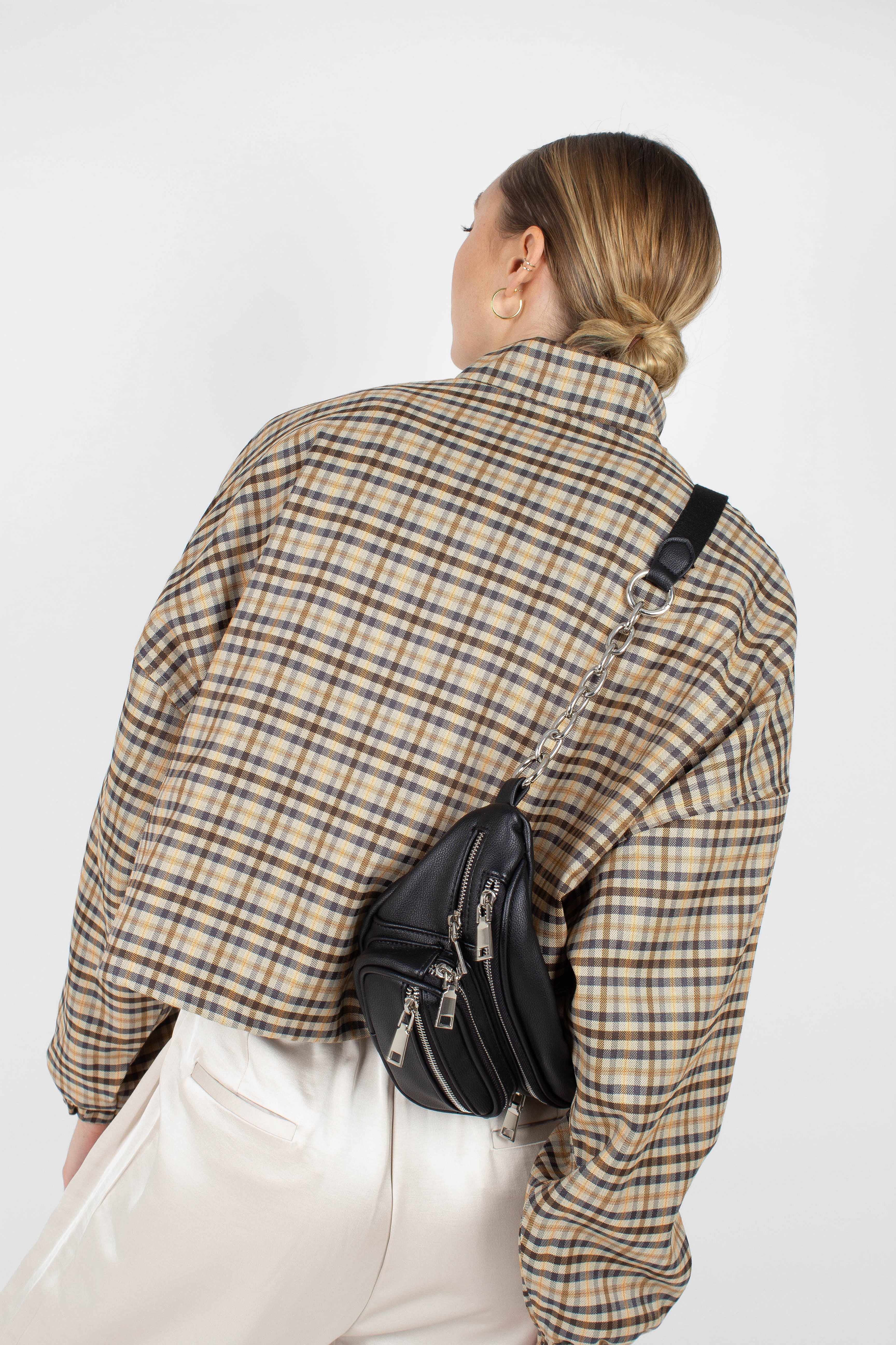 Beige checked zip up blouson jacket