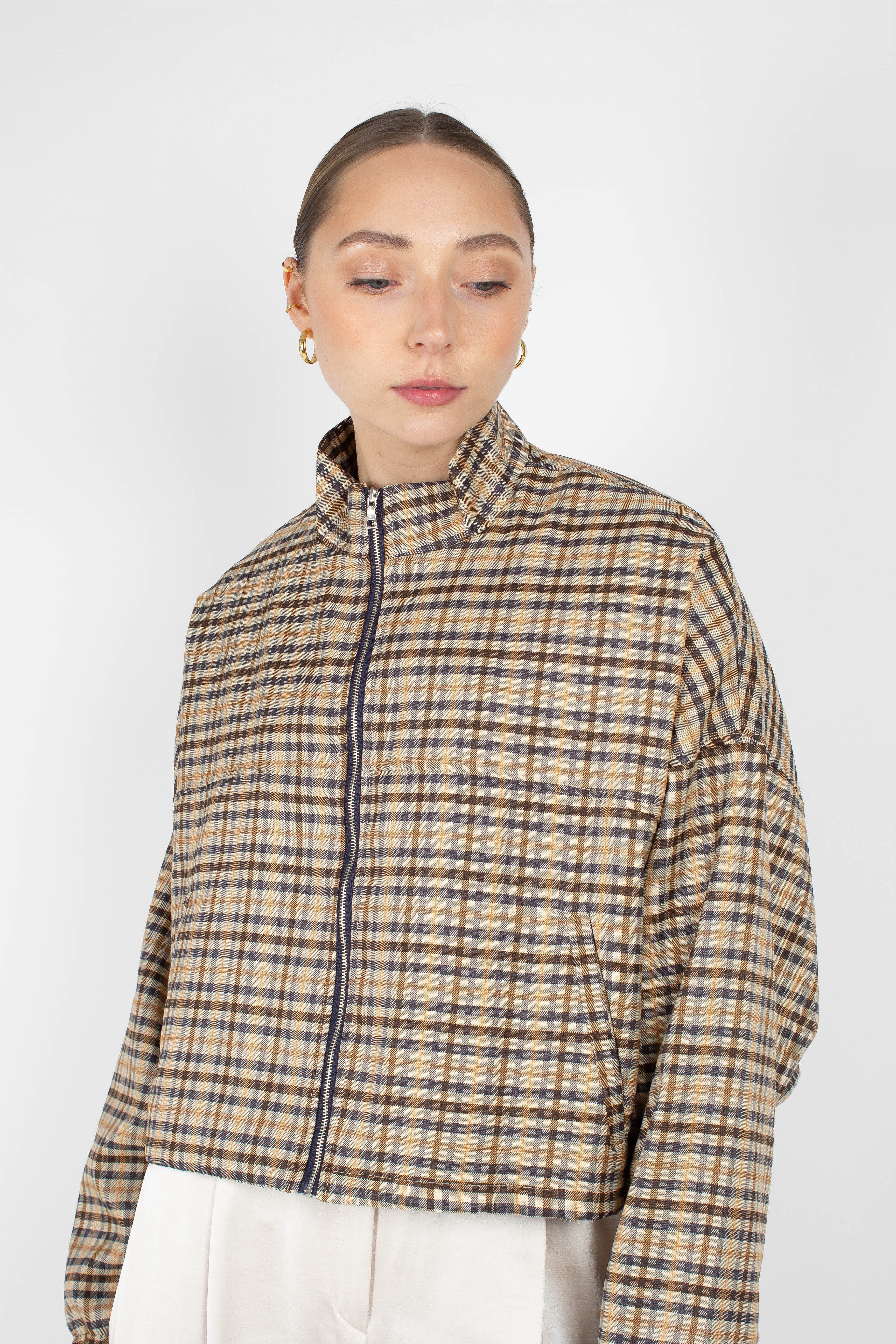 Beige checked zip up blouson jacket