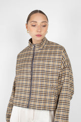 Beige checked zip up blouson jacket