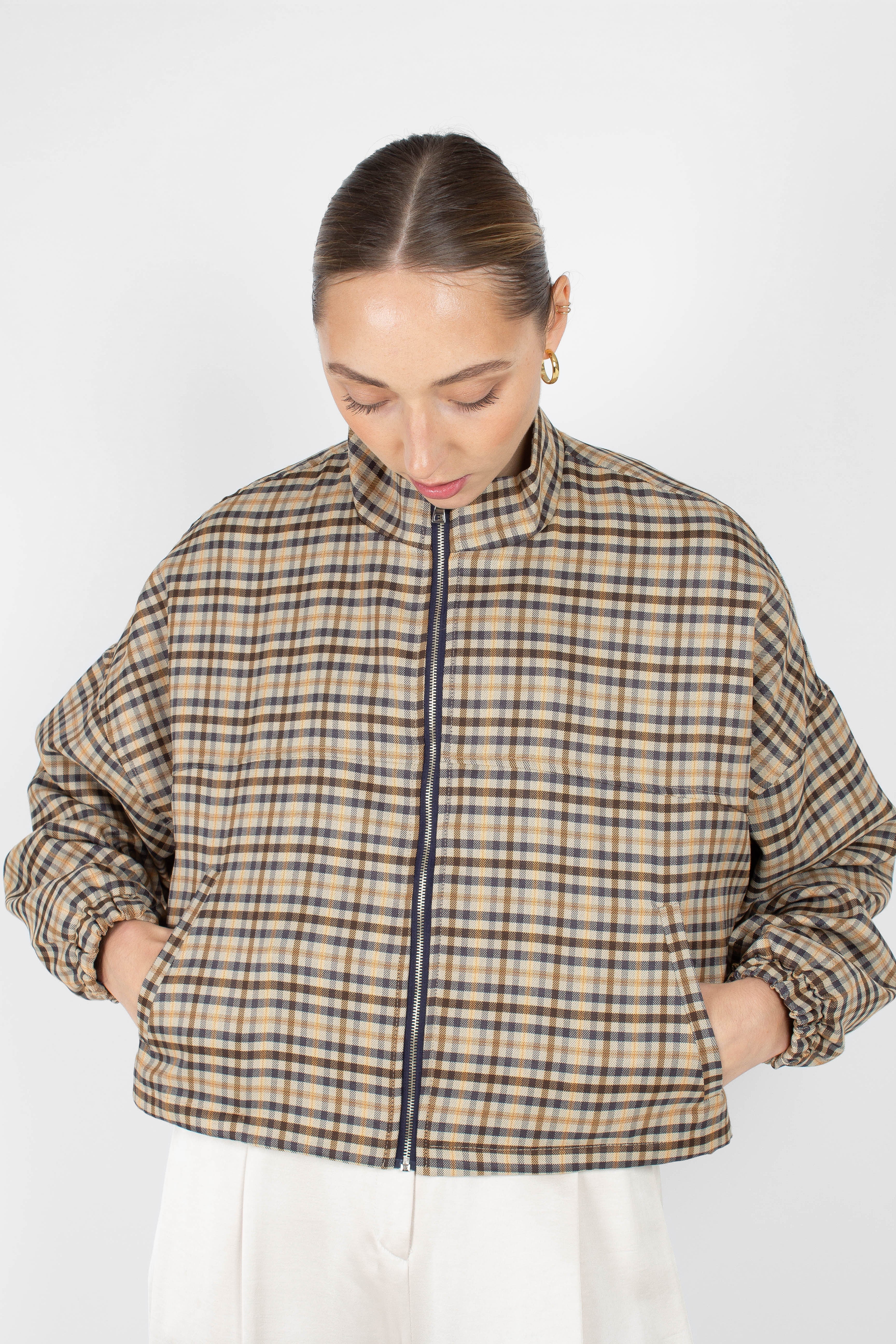 Beige checked zip up blouson jacket