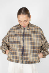 Beige checked zip up blouson jacket
