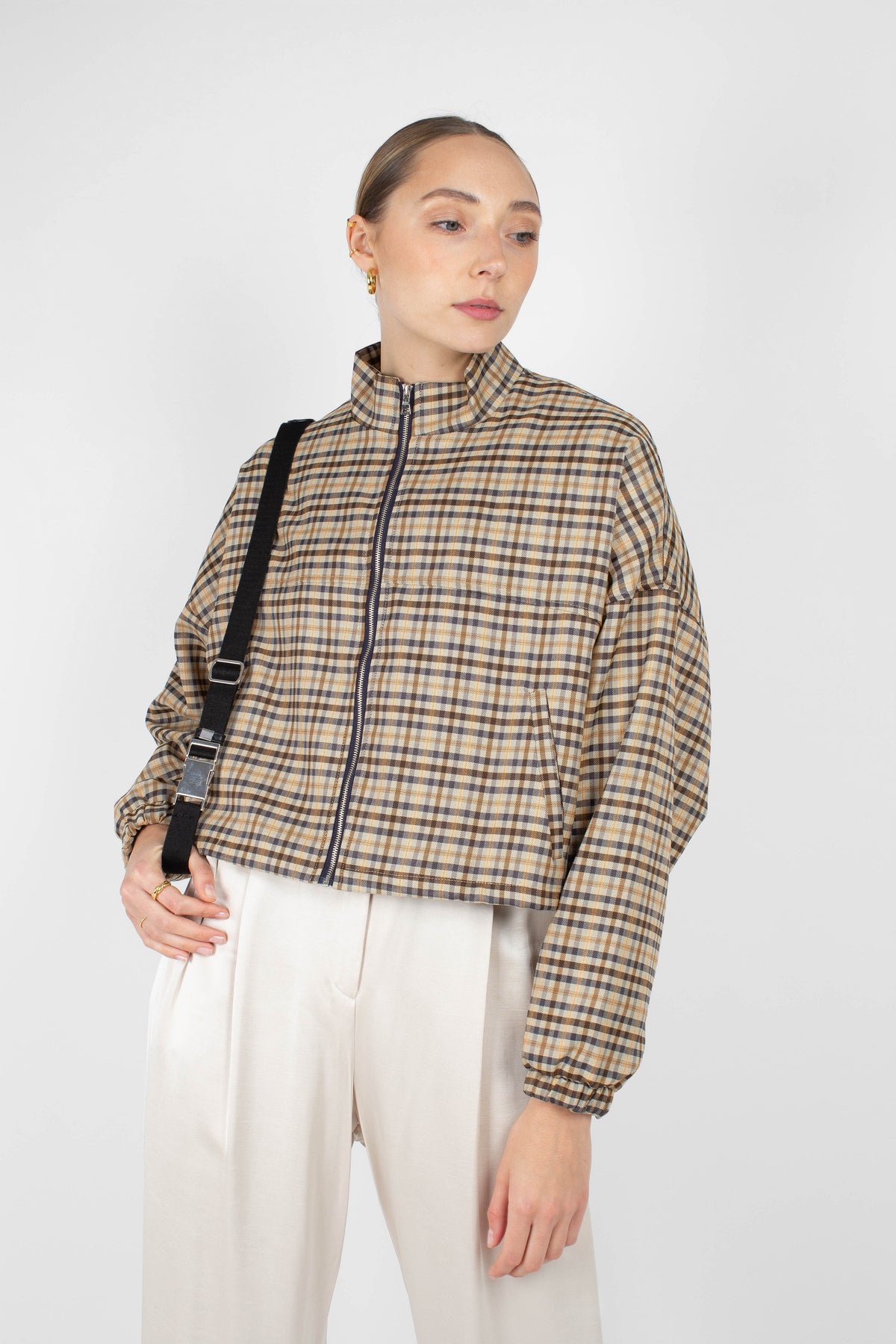 Beige checked zip up blouson jacket