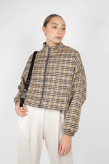 Beige checked zip up blouson jacket