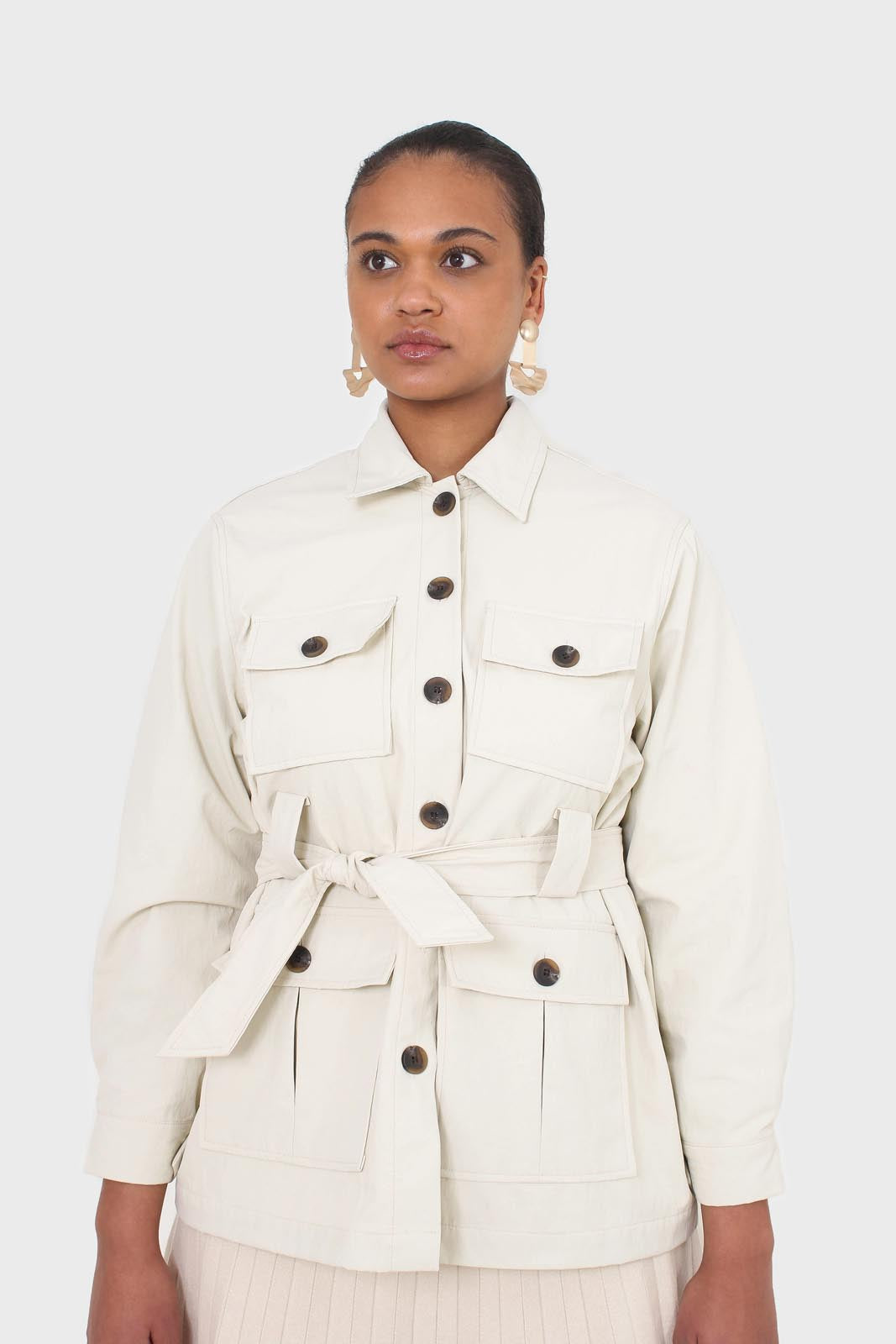 Ivory patch pocket belted safari jacket