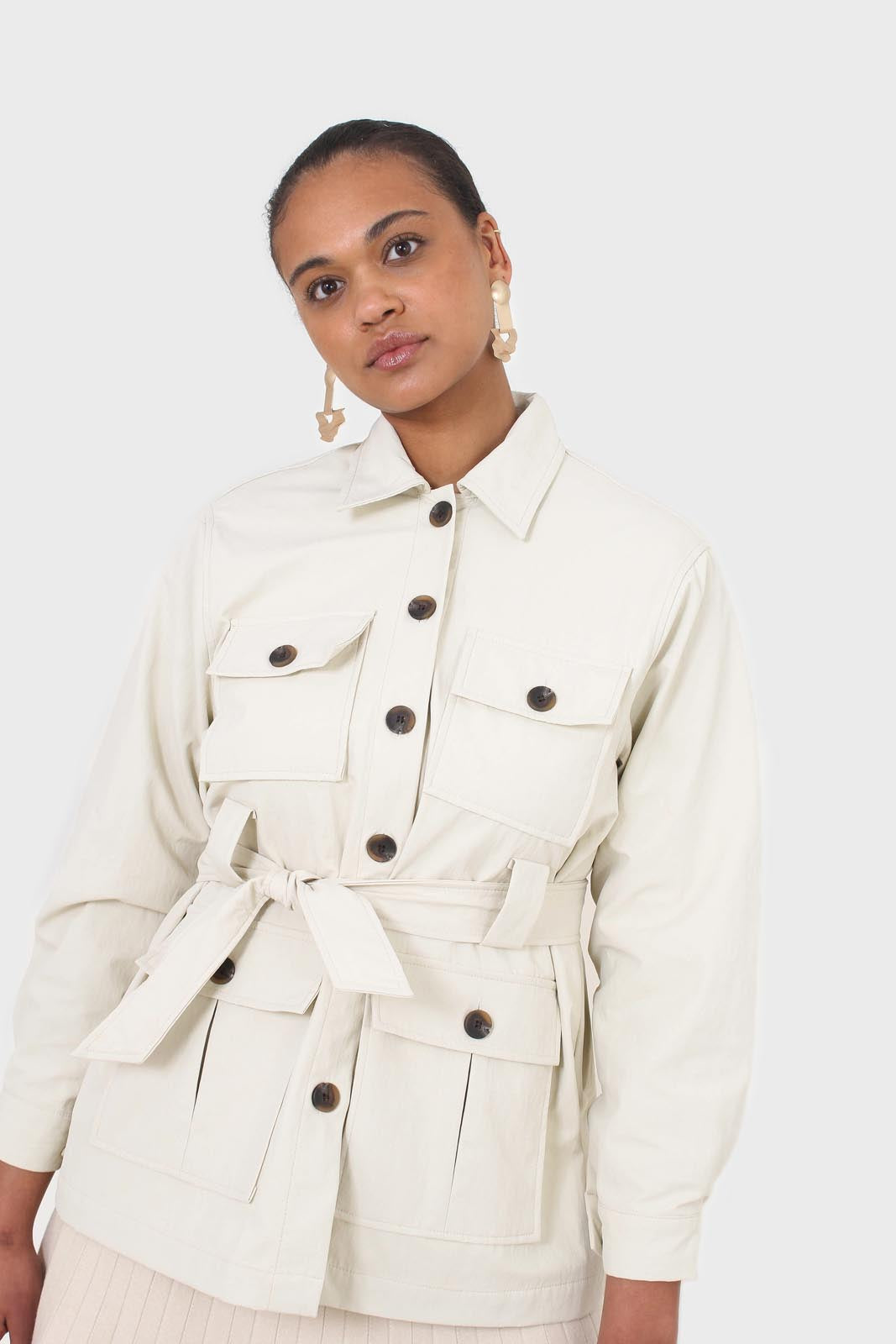 Ivory patch pocket belted safari jacket