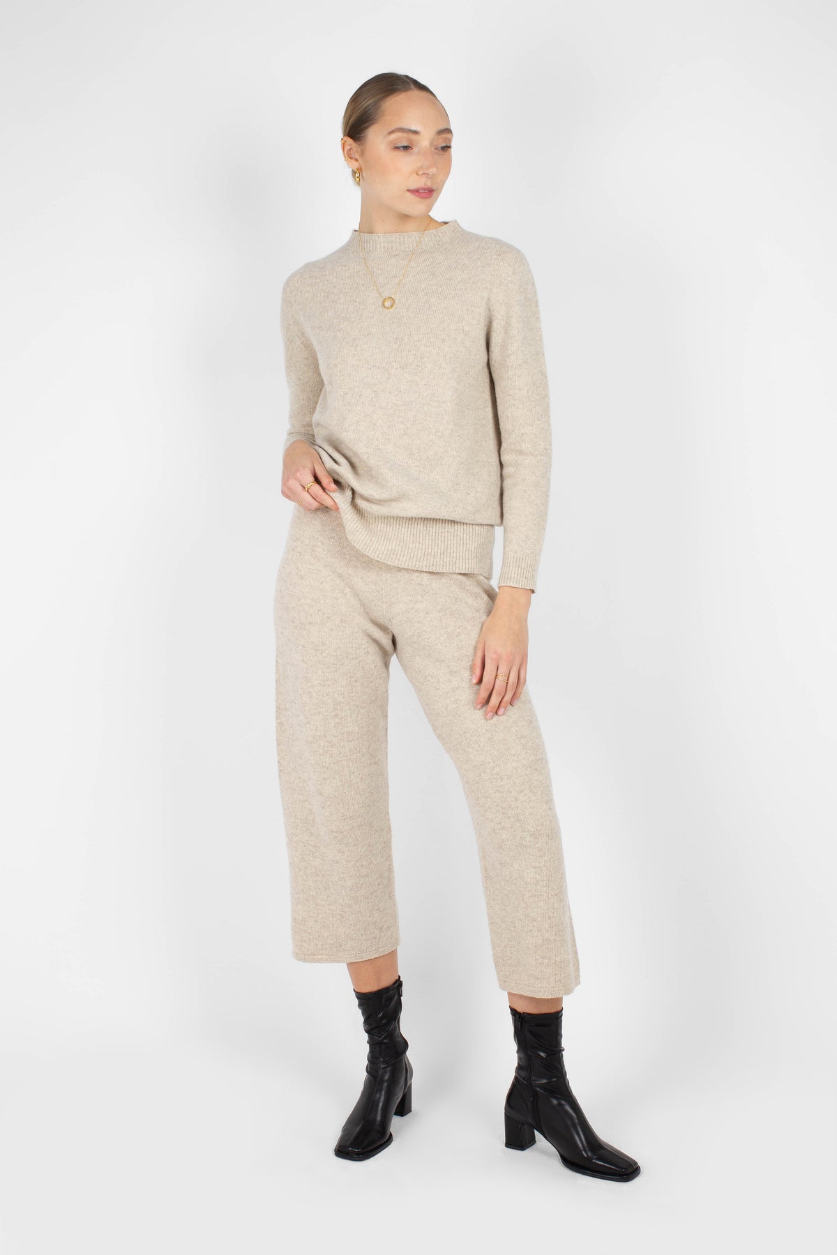 Ivory cashmere wool blend knit trousers