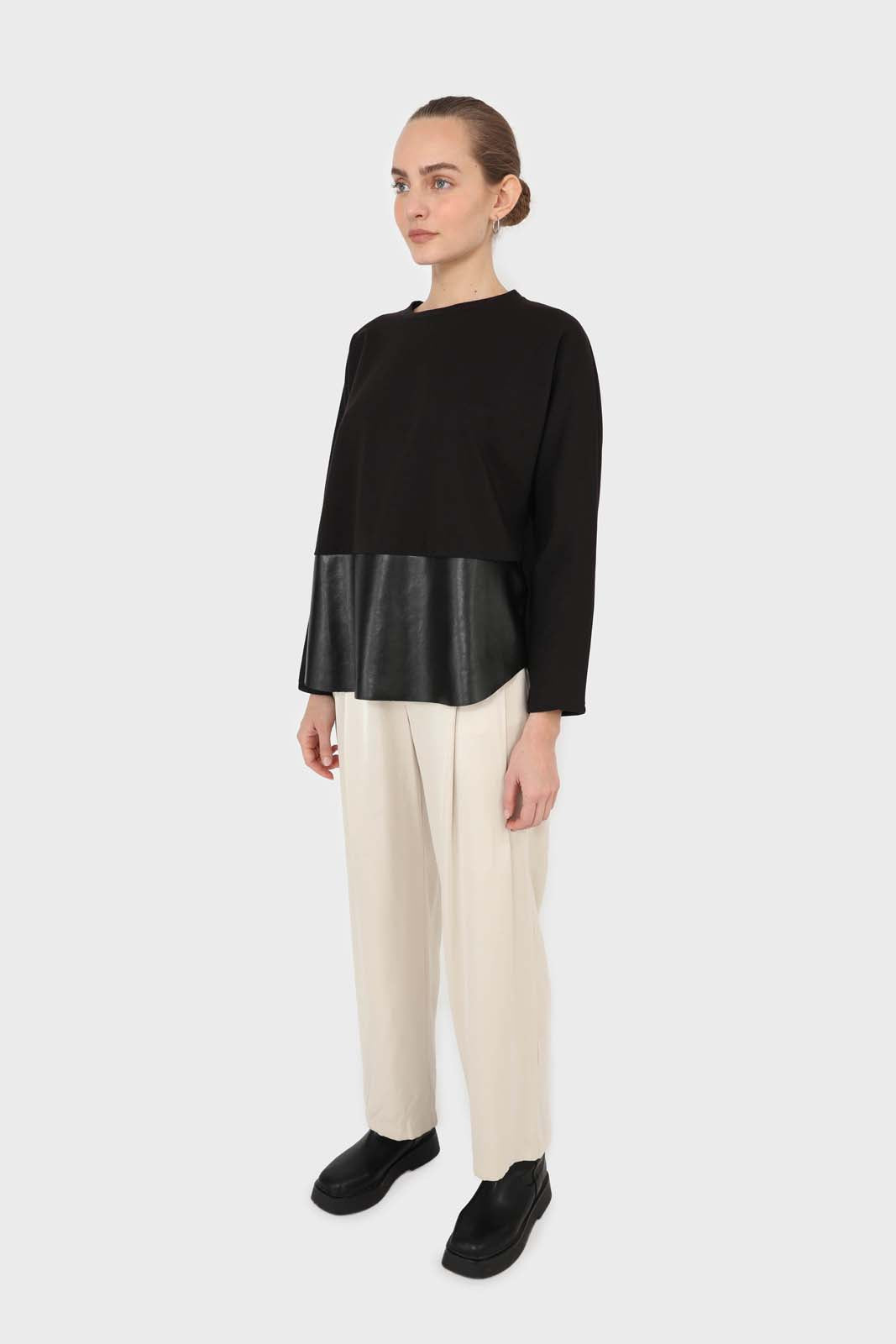 Black vegan leather contrast hem top