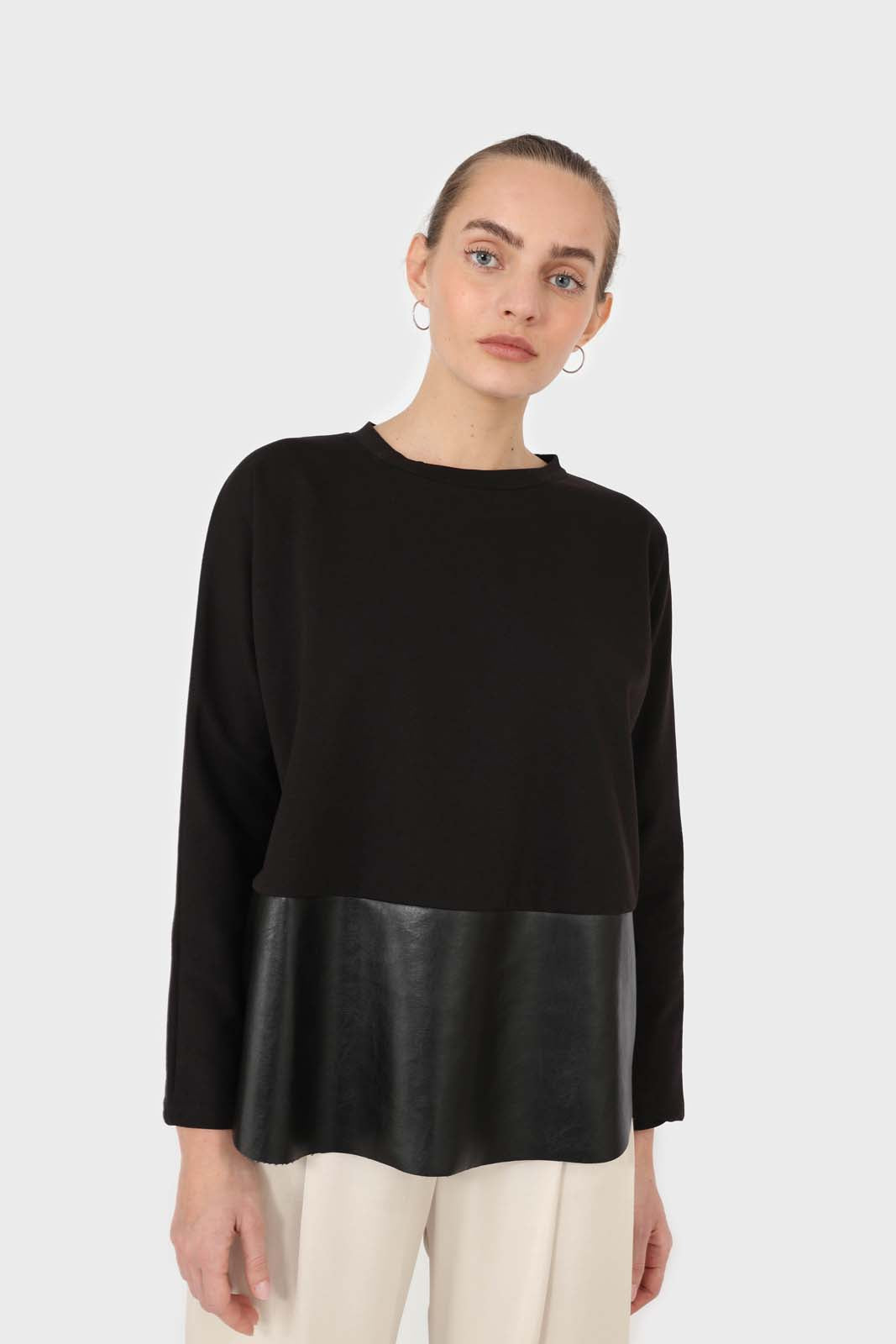 Black vegan leather contrast hem top