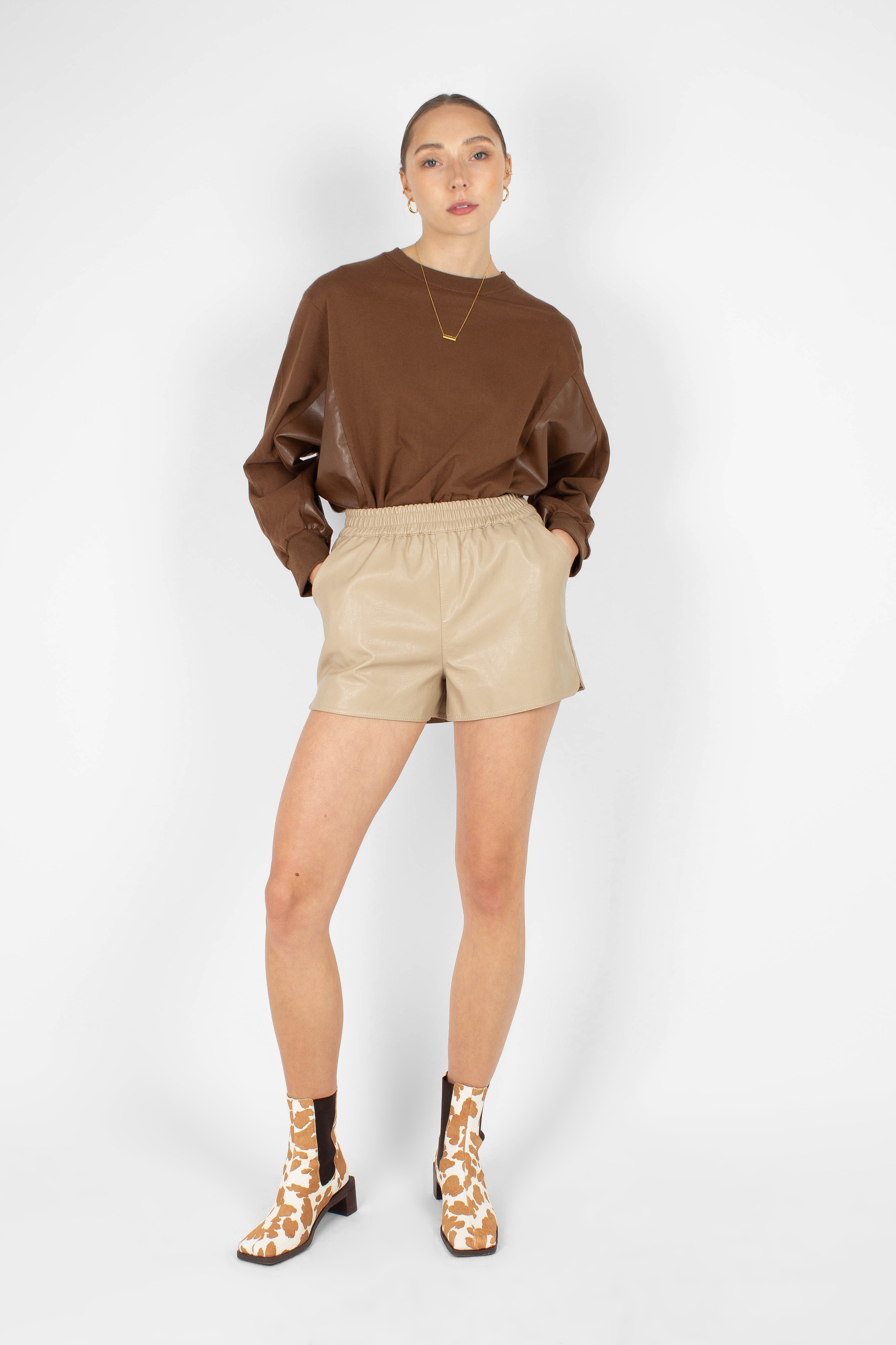 Brown vegan leather contrast panel sweatshirt