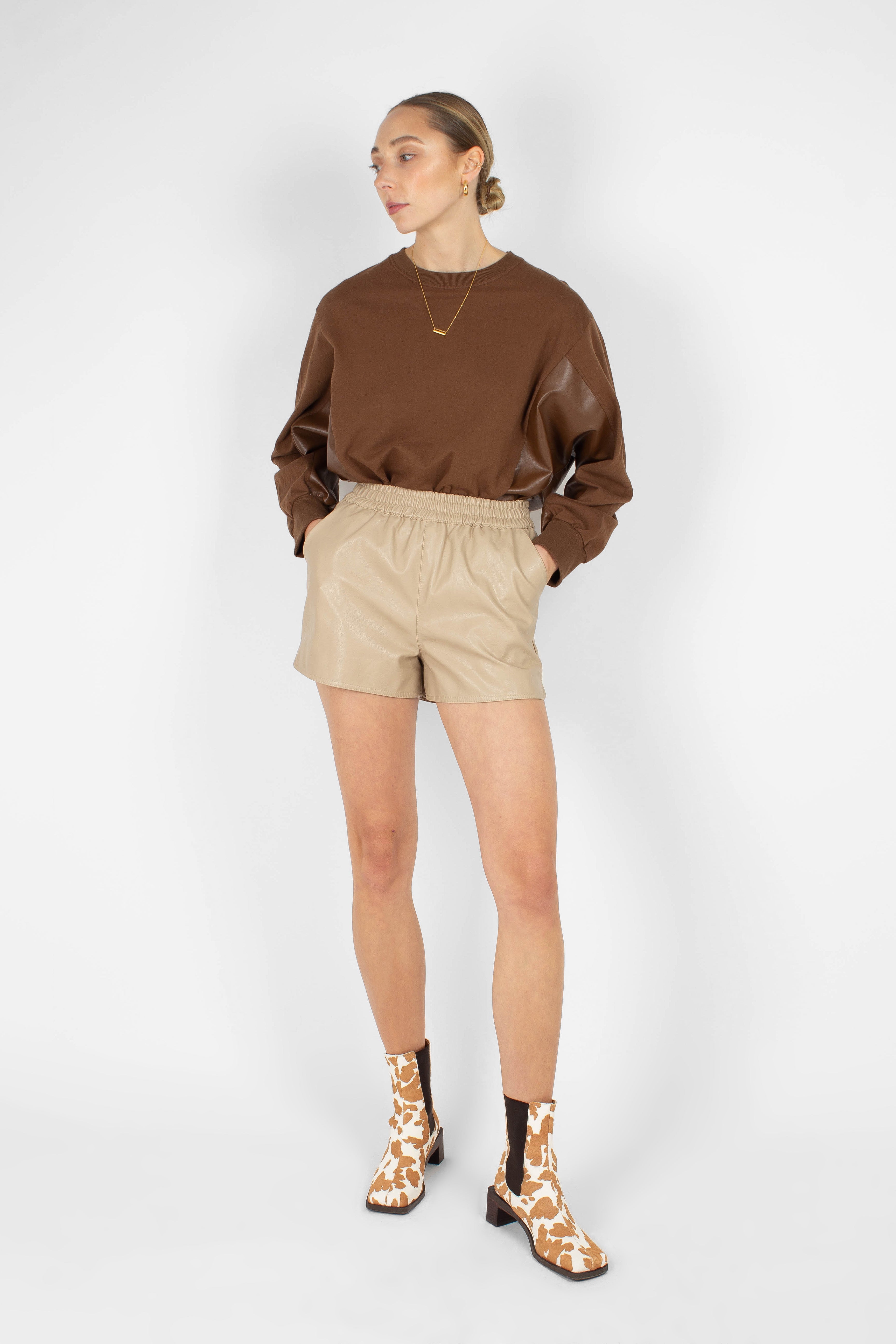 Brown vegan leather contrast panel sweatshirt