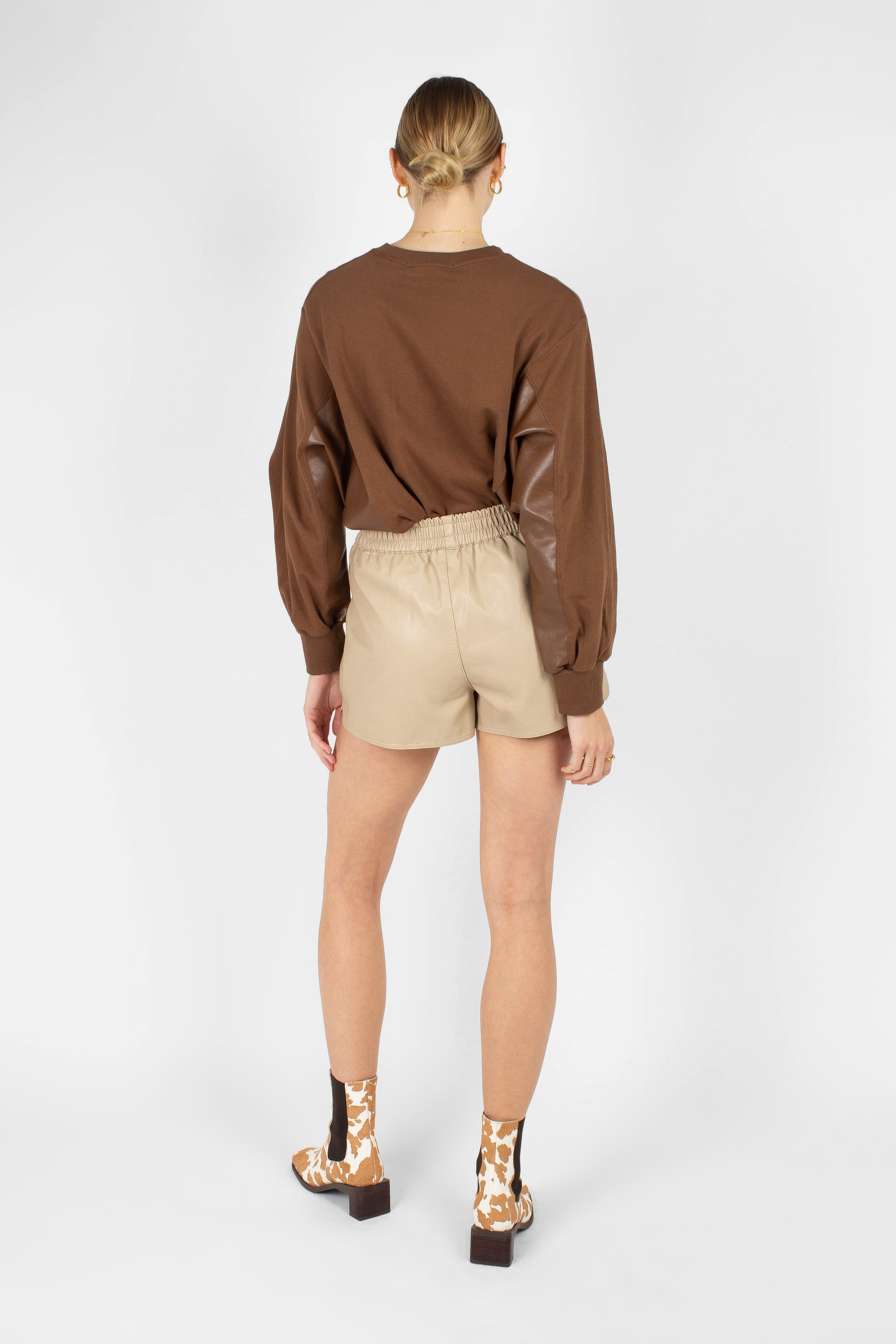 Brown vegan leather contrast panel sweatshirt