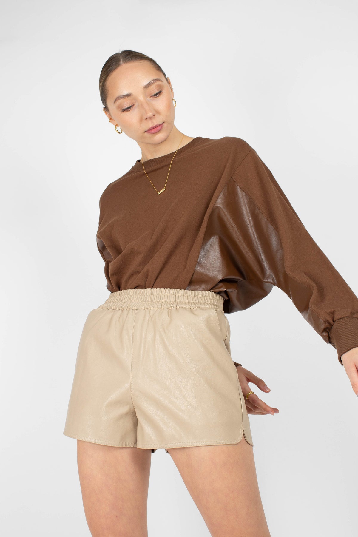 Brown vegan leather contrast panel sweatshirt