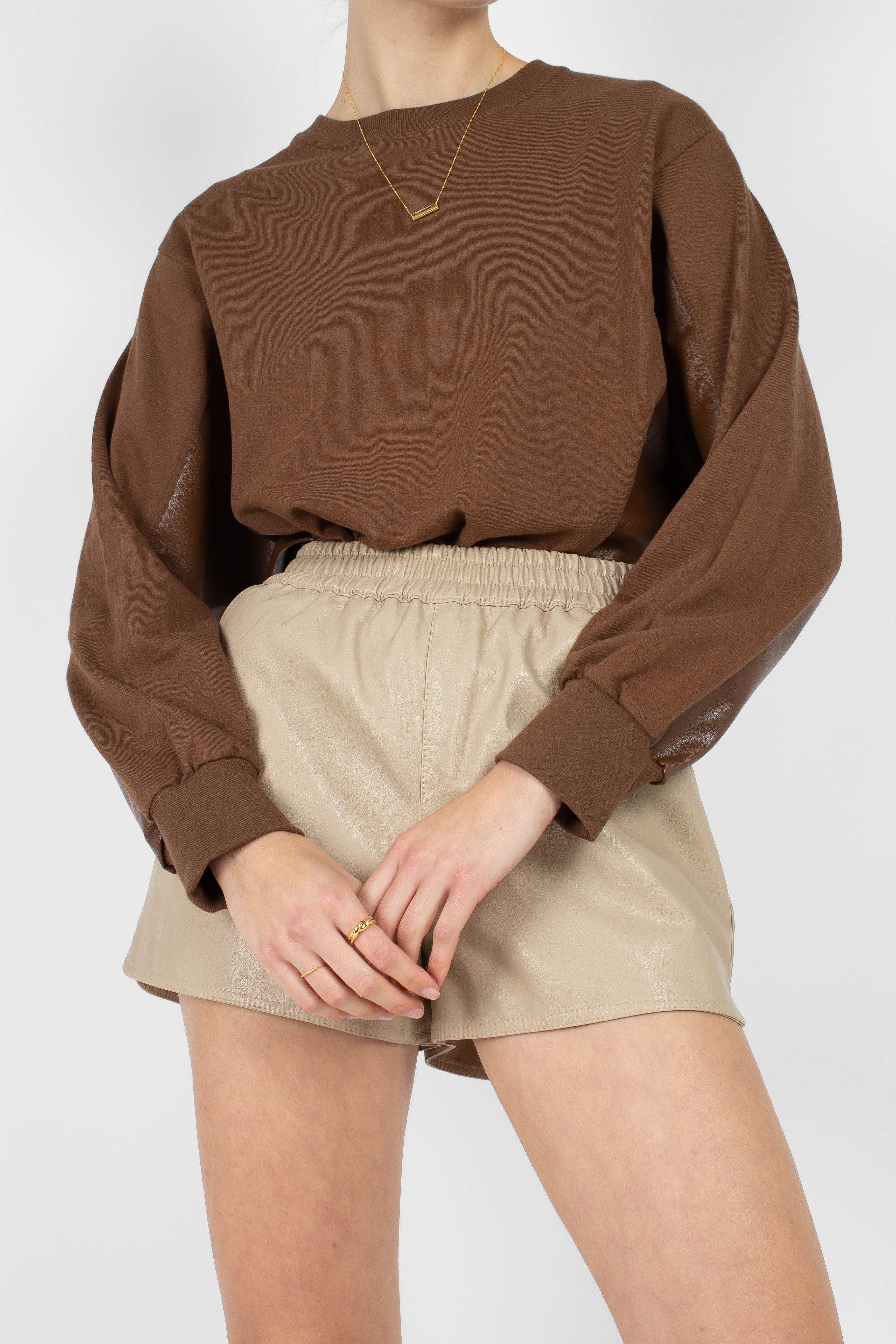 Brown vegan leather contrast panel sweatshirt