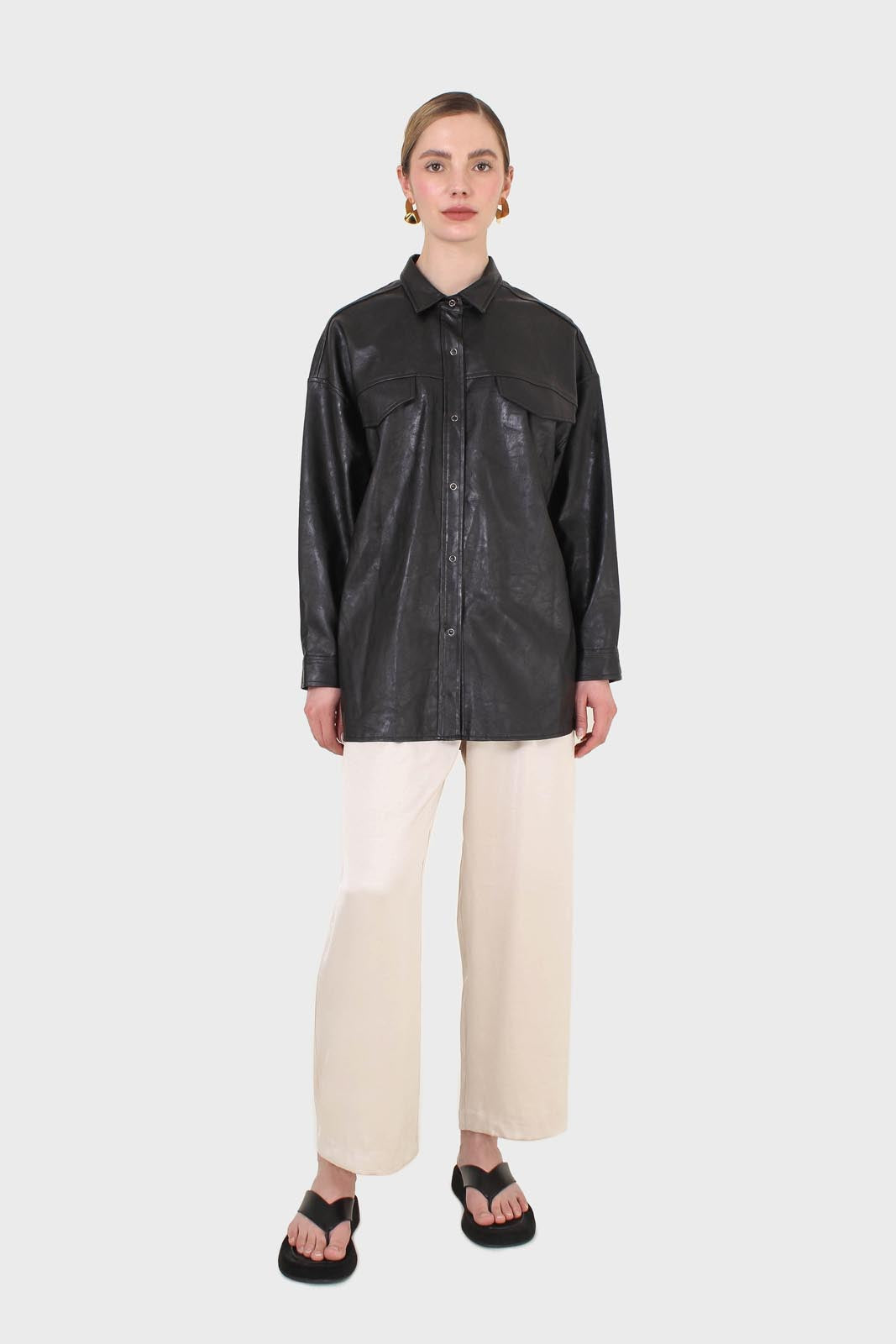 Black vegan leather belted shirt jacket