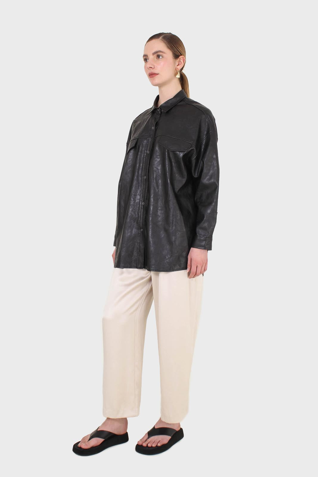 Black vegan leather belted shirt jacket