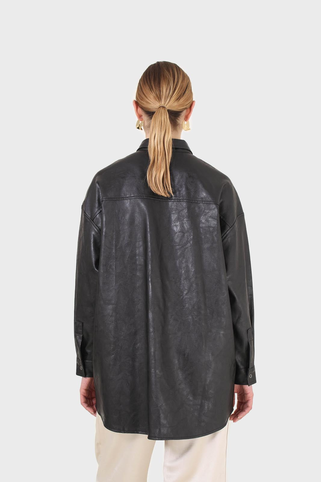 Black vegan leather belted shirt jacket