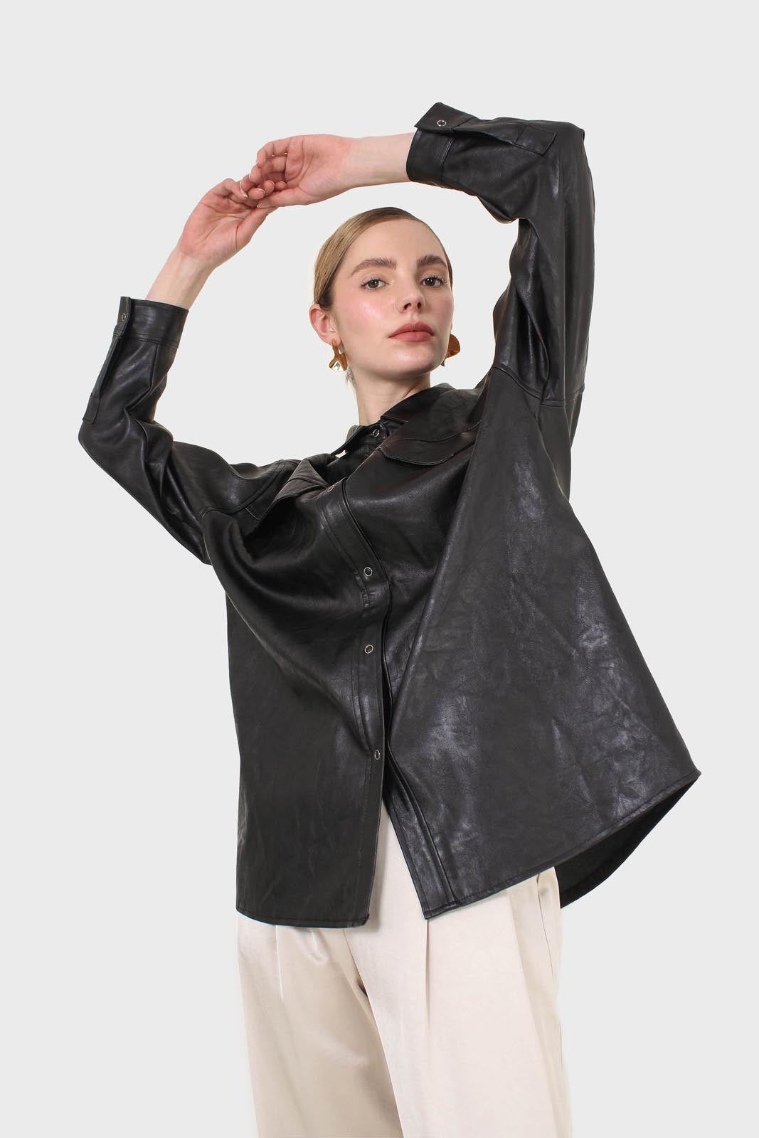 Black vegan leather belted shirt jacket