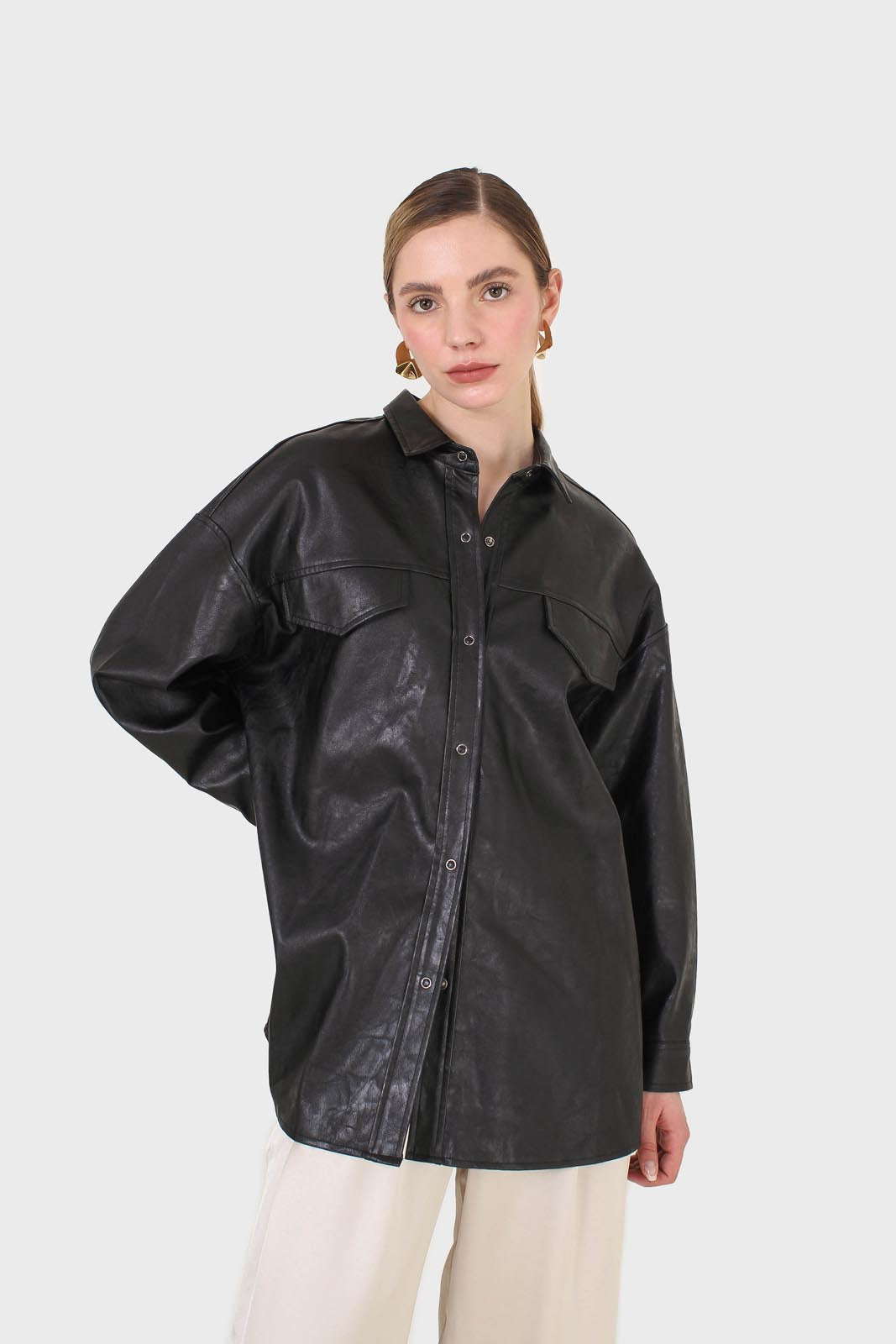 Black vegan leather belted shirt jacket