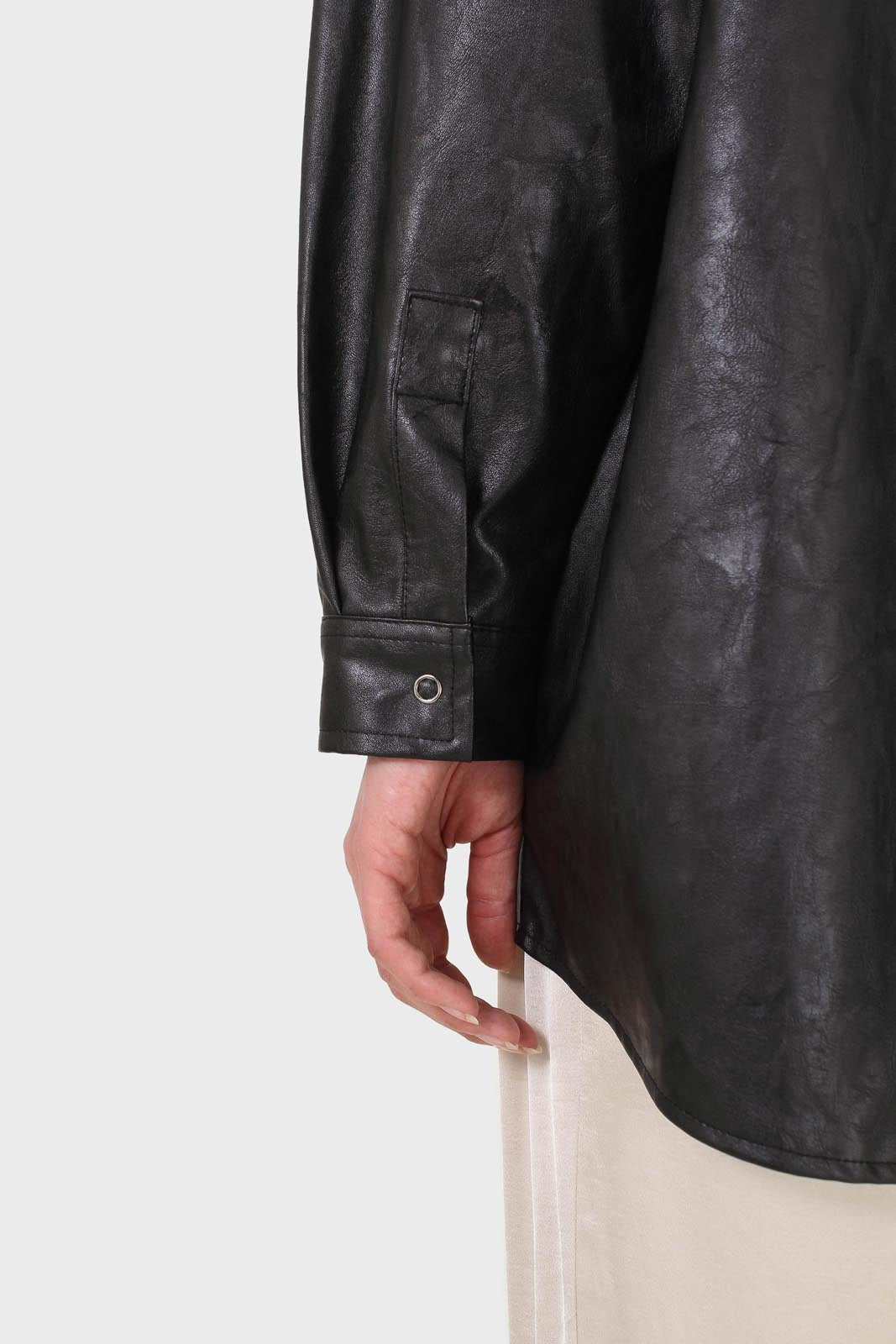 Black vegan leather belted shirt jacket