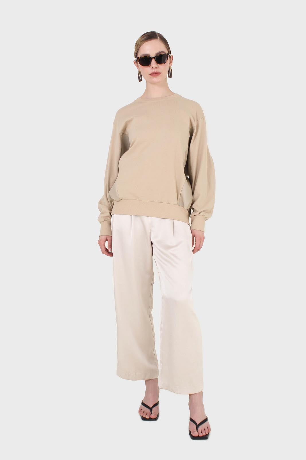 Beige vegan leather contrast panel sweatshirt