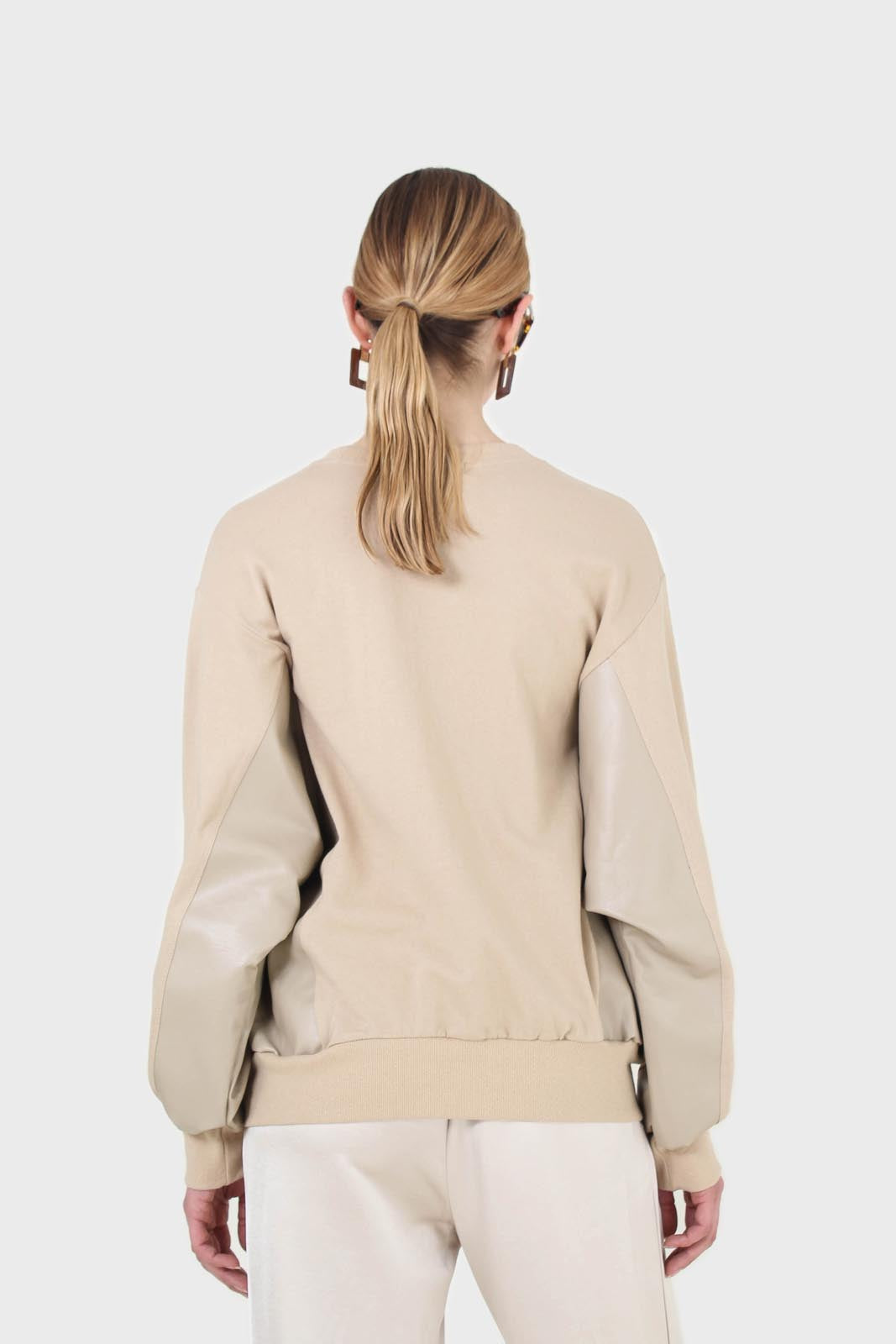 Beige vegan leather contrast panel sweatshirt
