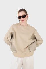 Beige vegan leather contrast panel sweatshirt