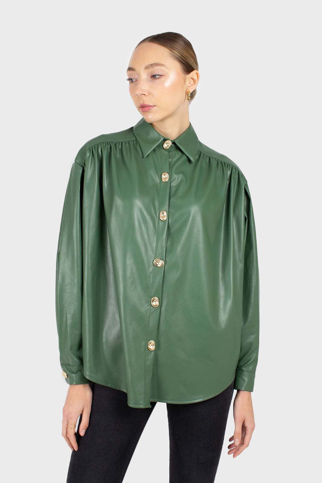 Green gold button vegan leather shirt