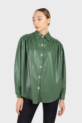 Green gold button vegan leather shirt