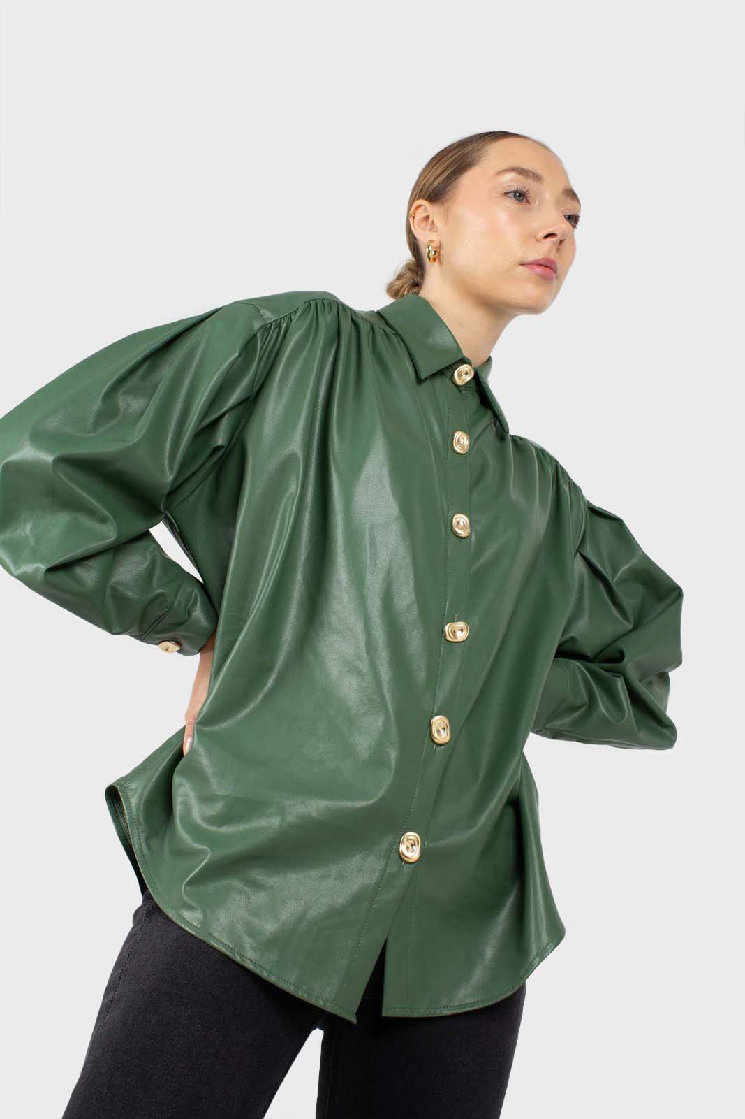 Green gold button vegan leather shirt