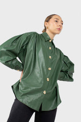 Green gold button vegan leather shirt