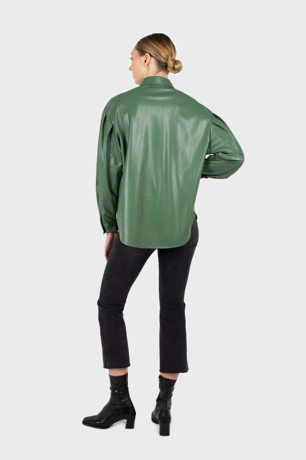 Green gold button vegan leather shirt