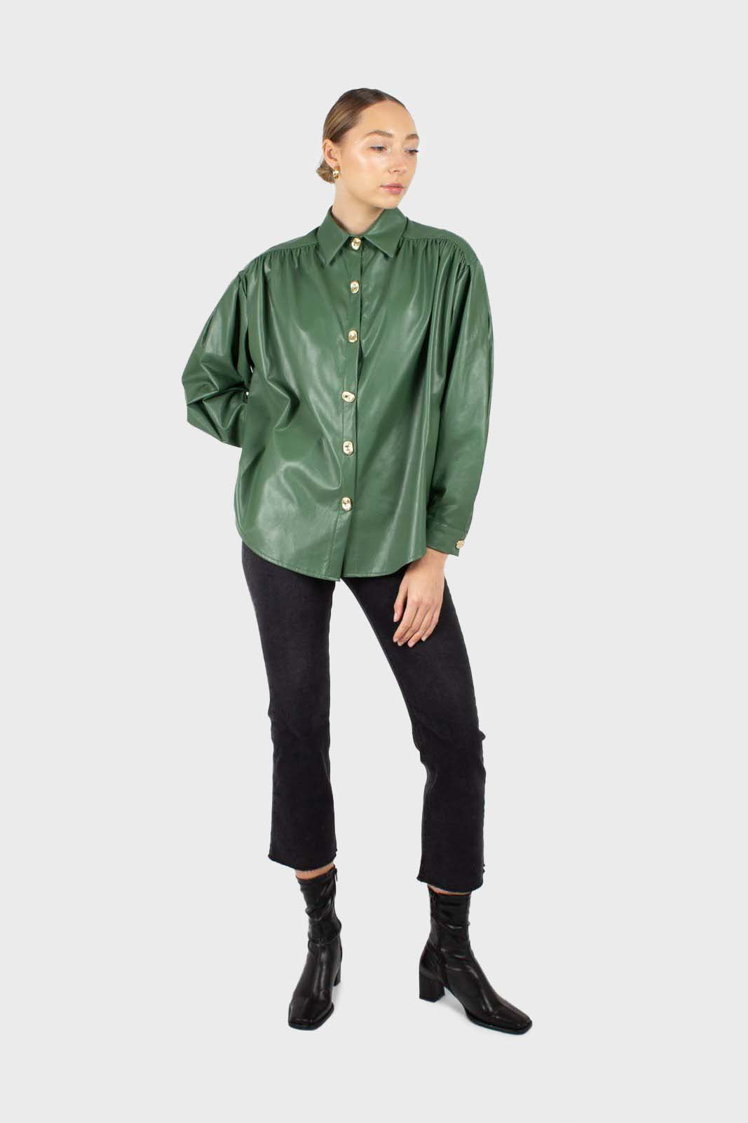 Green gold button vegan leather shirt