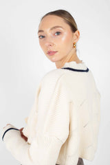 Ivory and black deep V cross front knit top