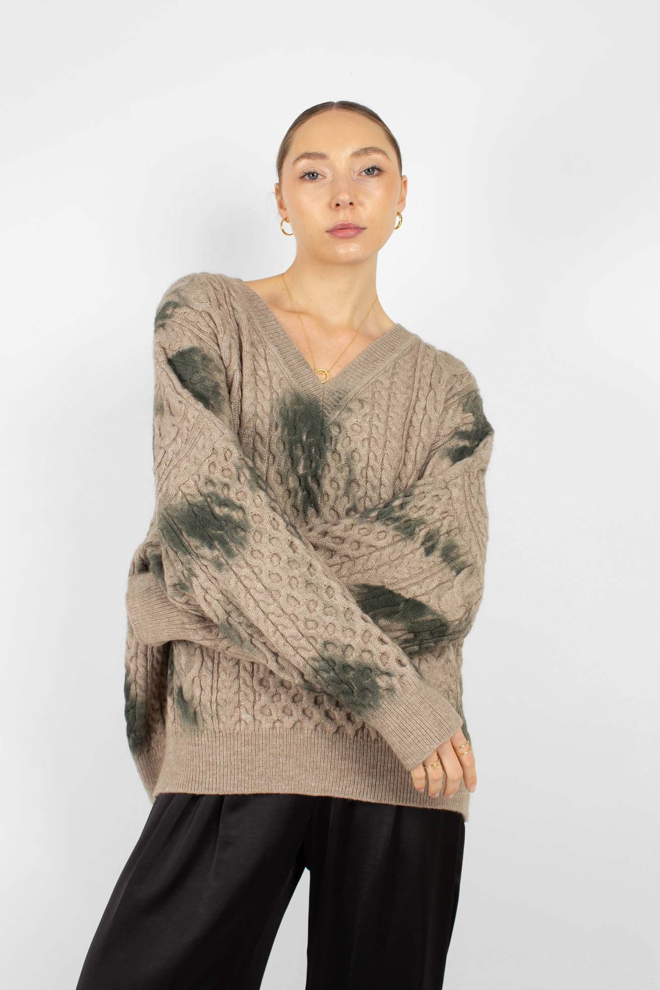 Beige and khaki tie dye V neck jumper